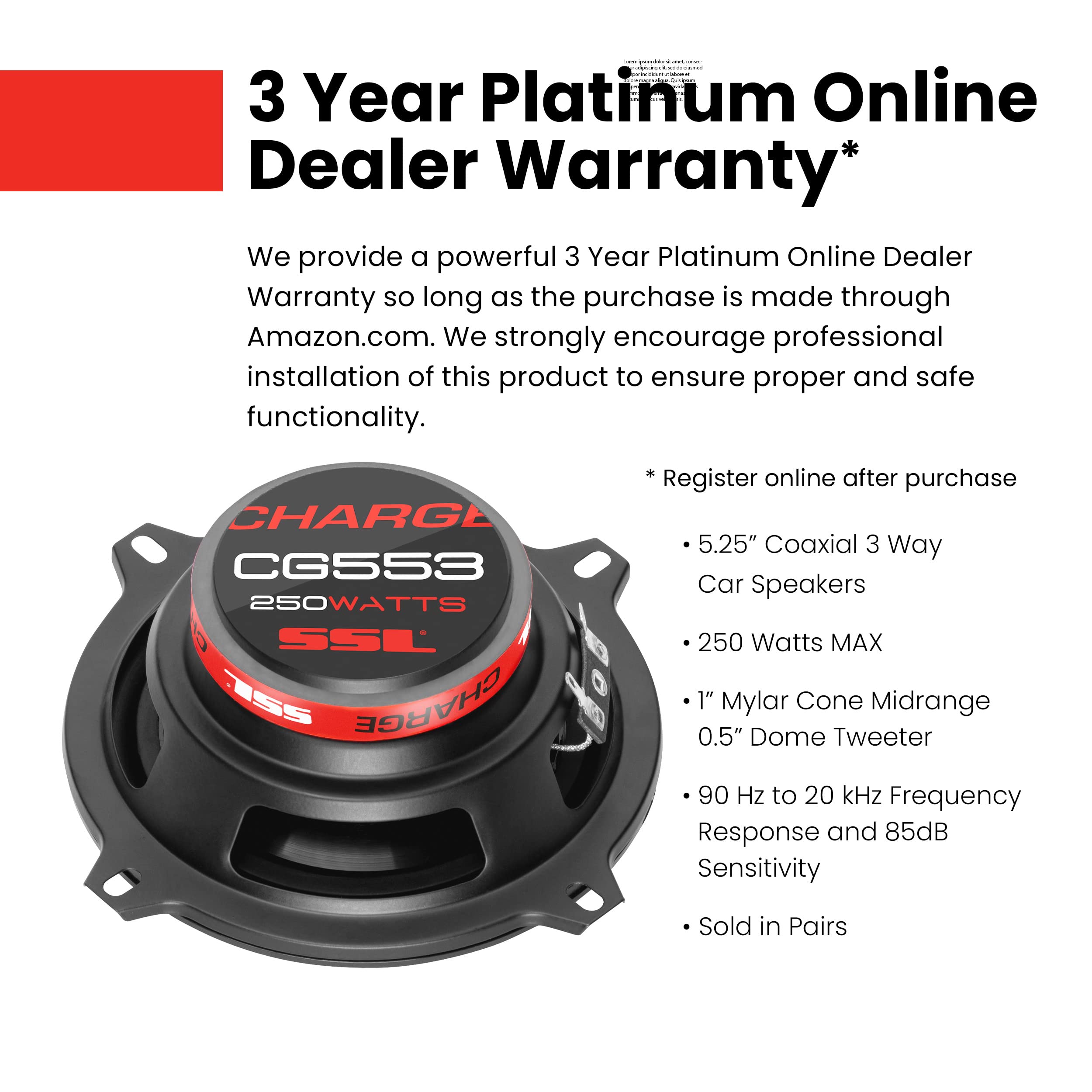 Sound Storm Laboratories Charge Series 5.25 Inch Car Speakers Door - 250 Watts (per Pair), Coaxial, 3 Way, Full Range Audio, Bocinas para Carro