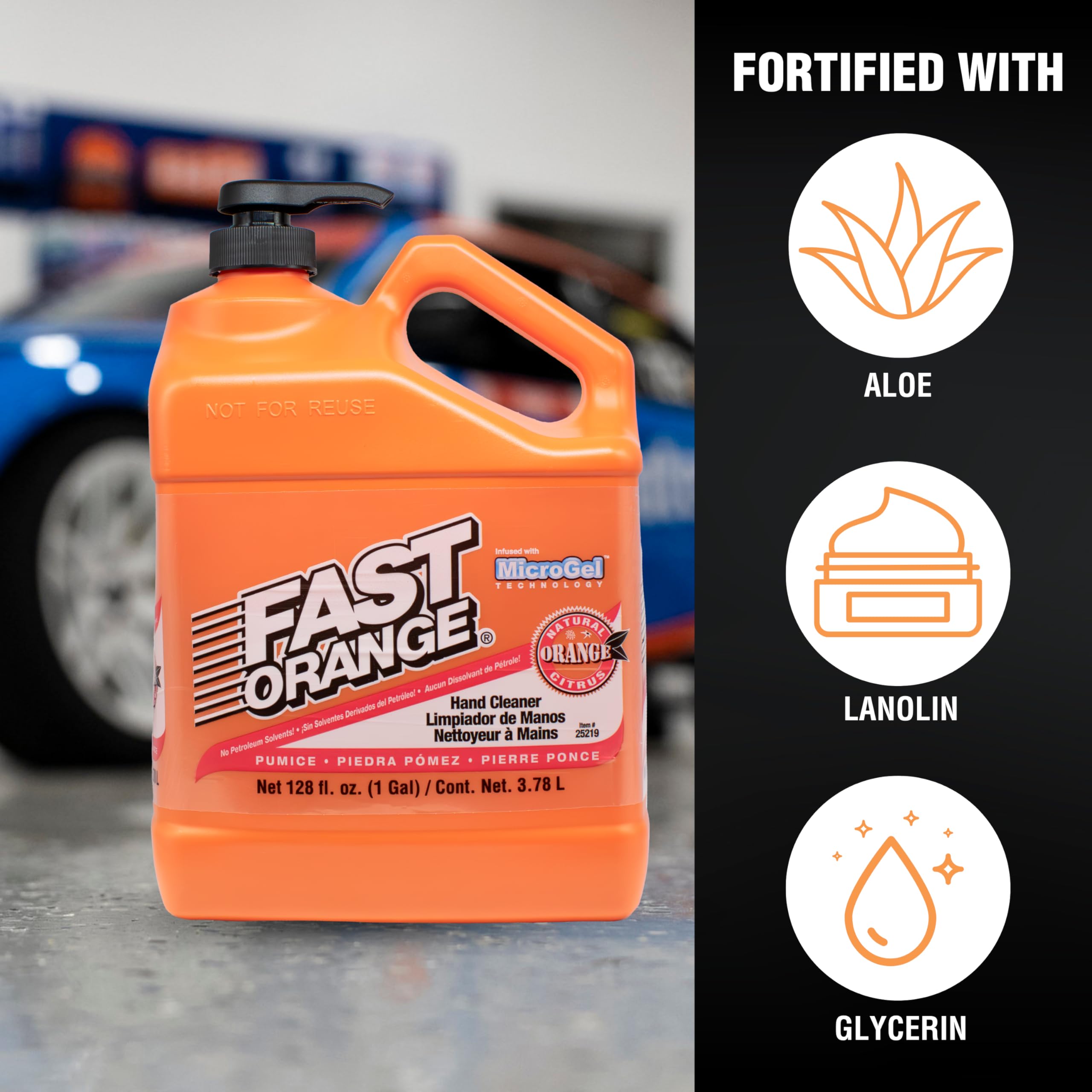 Pumice Lotion Fast Orange 25219, Heavy Duty Hand Cleaner, Natural Citrus Scent, Waterless Cleaner For Mechanics, Strong Grease Fighter, 1 Gallon