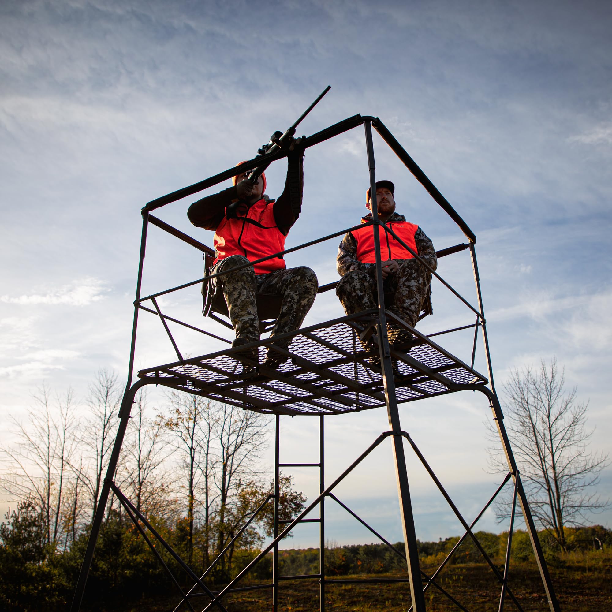12’ Rivers Edge® 2-Man Quad Pod Tower Stand, TearTuff™ Mesh Seats, 360-Degree Swivel Chairs, Adjustable Padded Shooting Rail, Unmatched Stability, Oversized Platform, RE401