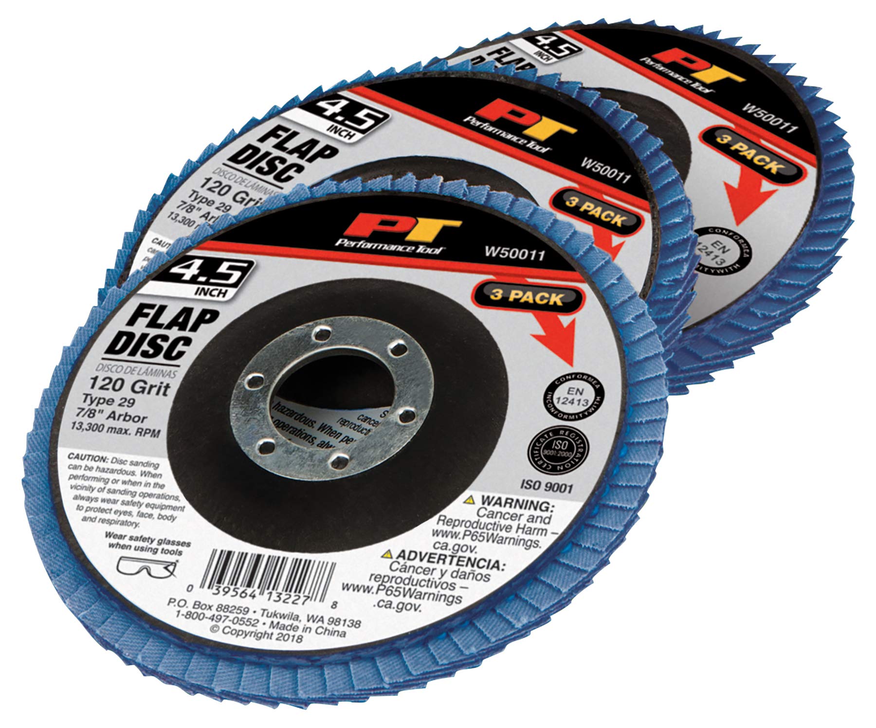 W50011 Performance Tool 4.5-Inch 120 Grit Flap Disk 3 Pack - High-Performance Sanding and Grinding Wheels for Metal, Woodworking, and More