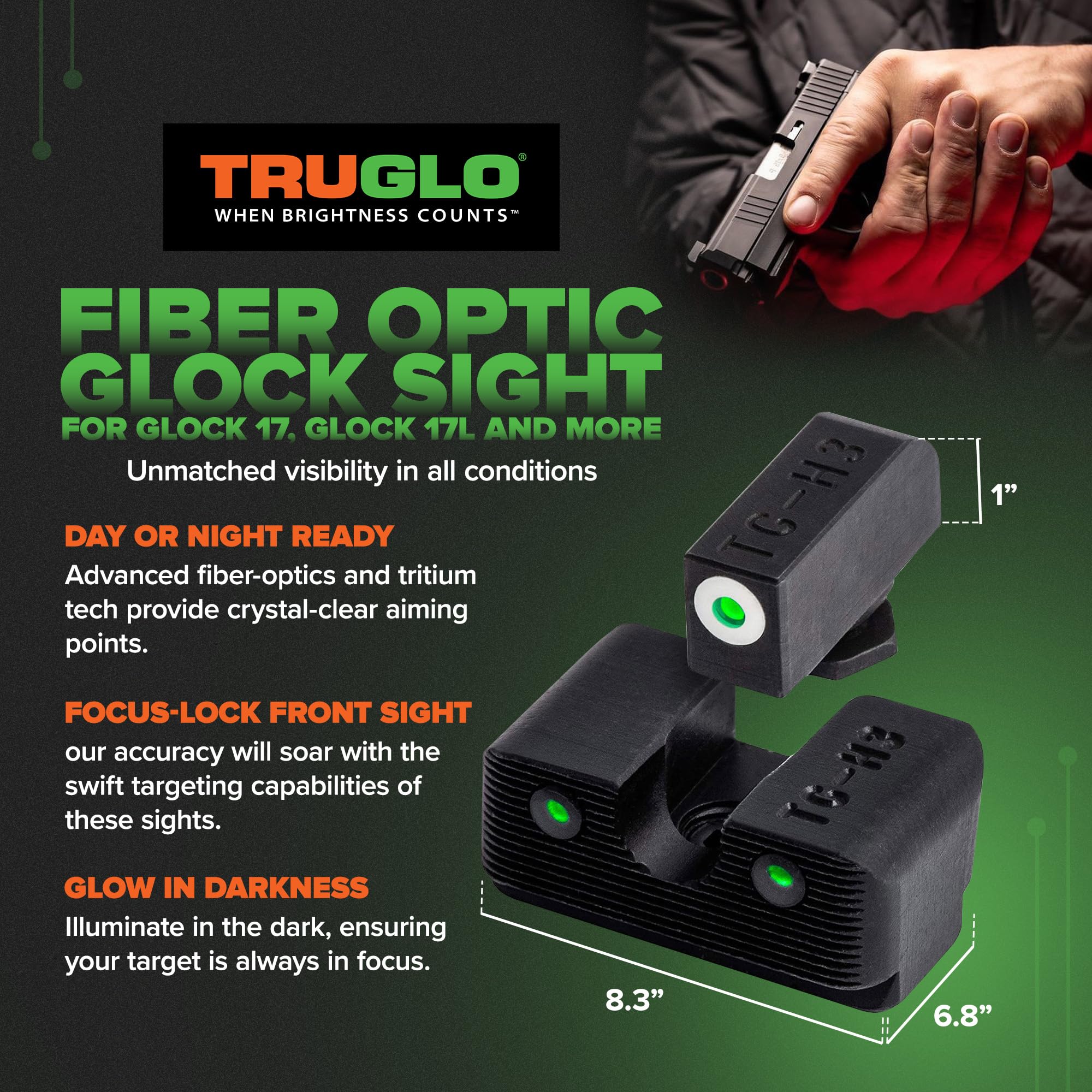 TruGlo Compact Tritium Pro Glow in The Dark Front and Rear Gun White Sight with Focus Lock Ring Compatible with Glock Handgun Models, Black