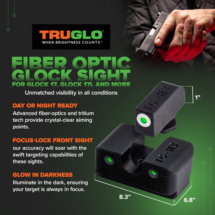 TruGlo Compact Tritium Pro Glow in The Dark Front and Rear Gun White Sight with Focus Lock Ring Compatible with Glock Handgun Models, Black