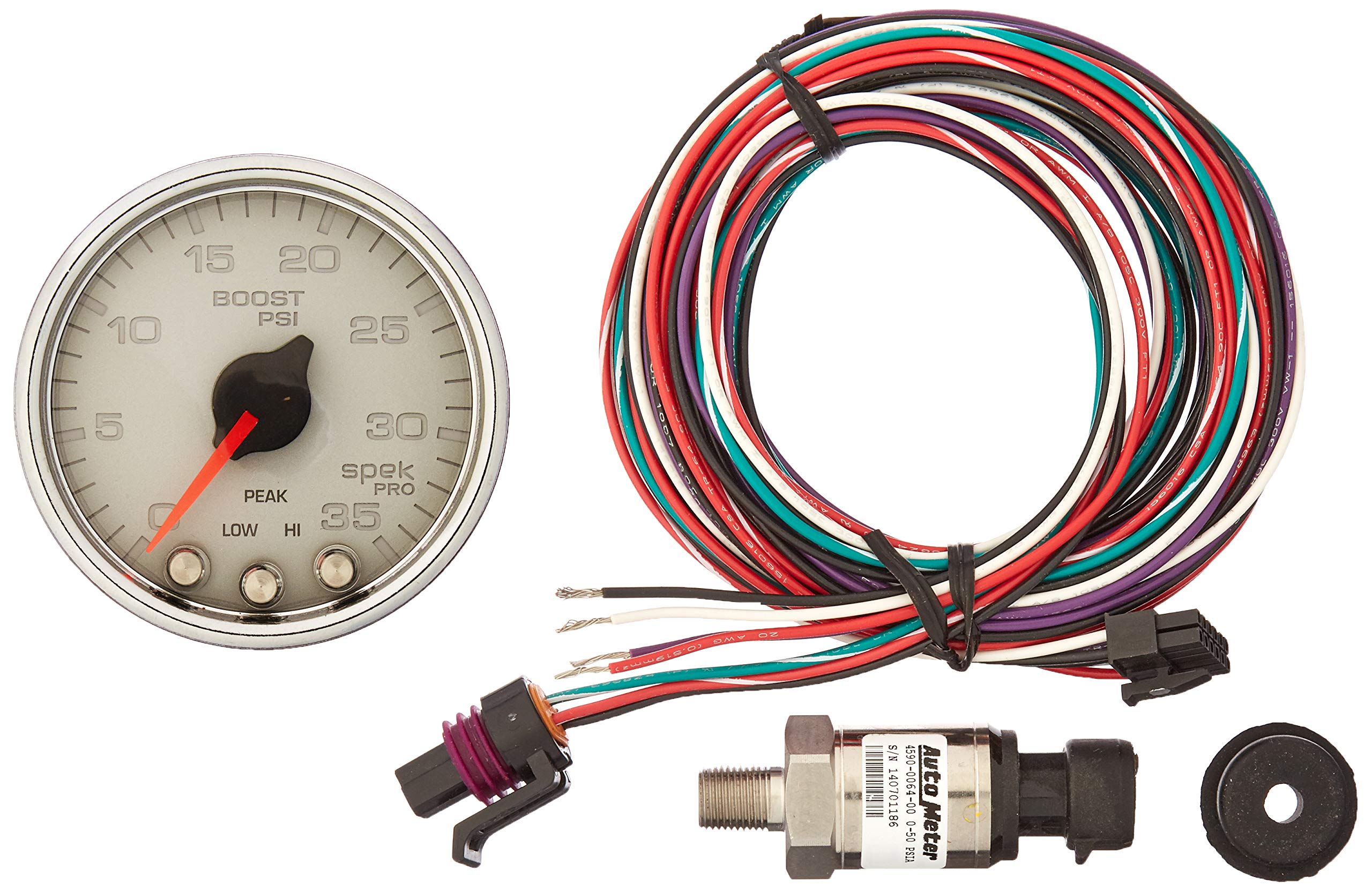 Gauge AUTO METER P30321 Boost (Spek-Pro 2 1/16", 35Psi, Stepper Motorwith Peak & Warn, Silver/Chrome, Spek-Pro)