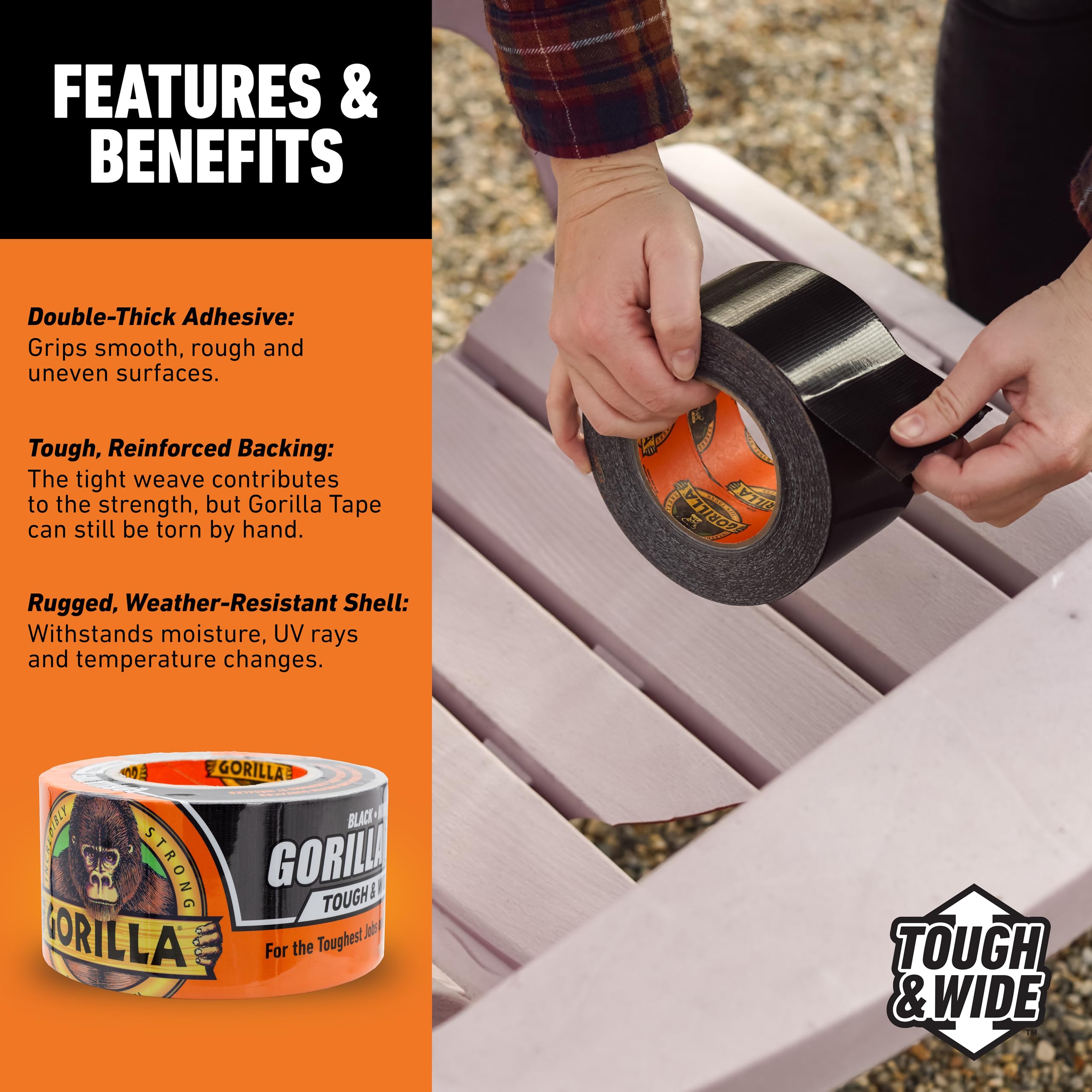 Gorilla Tape Black Tough & Wide, 2.88" x 25 yd (Pack of 1) - Heavy Duty and Weather Resistant for Indoor or Outdoor