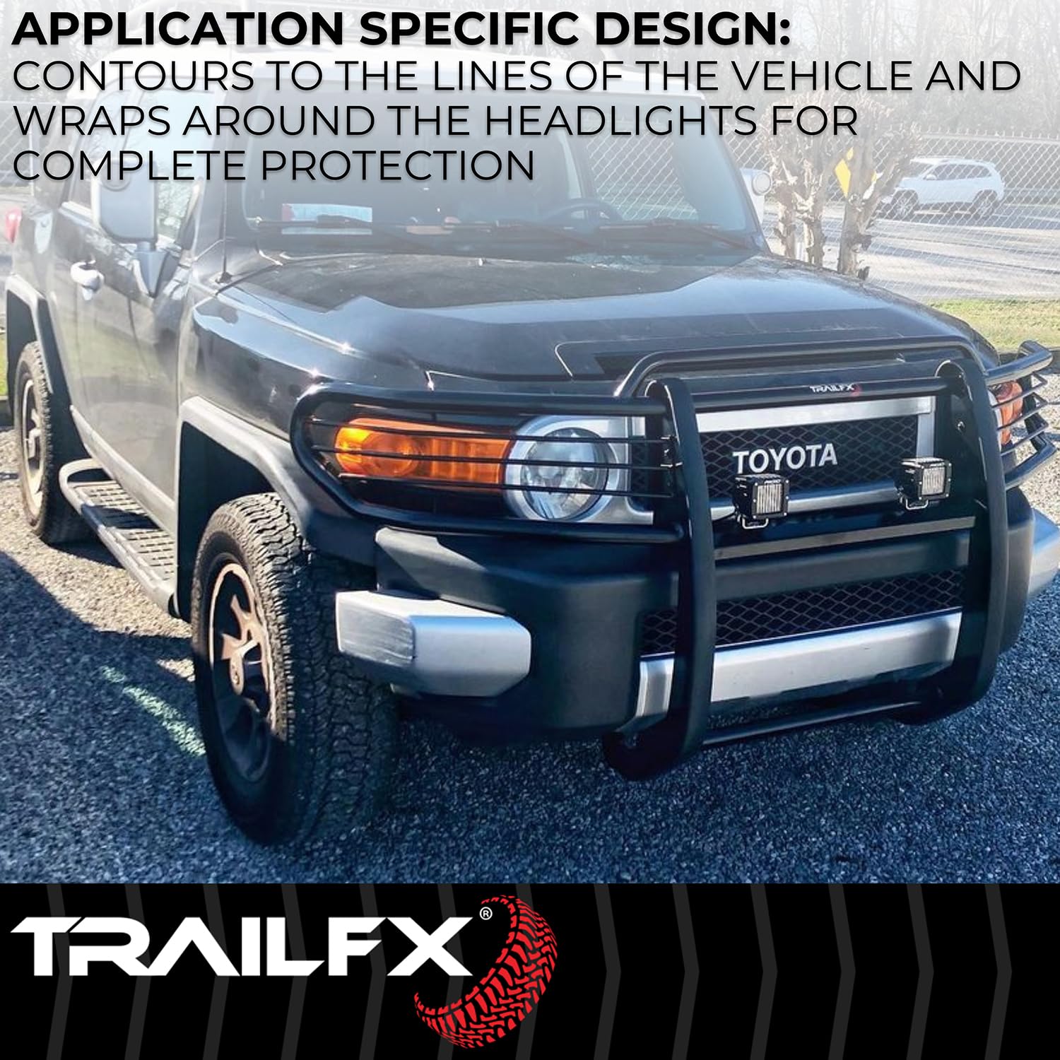 Grille Guard TrailFX E0049T, 1-Piece, Black Textured Powder Coated, Steel, 1-1/2 In Dia, With Brush Guard, Fits 2022-2025 Toyota Tundra (Models With Parking Brake Support System Must Turn Off System)