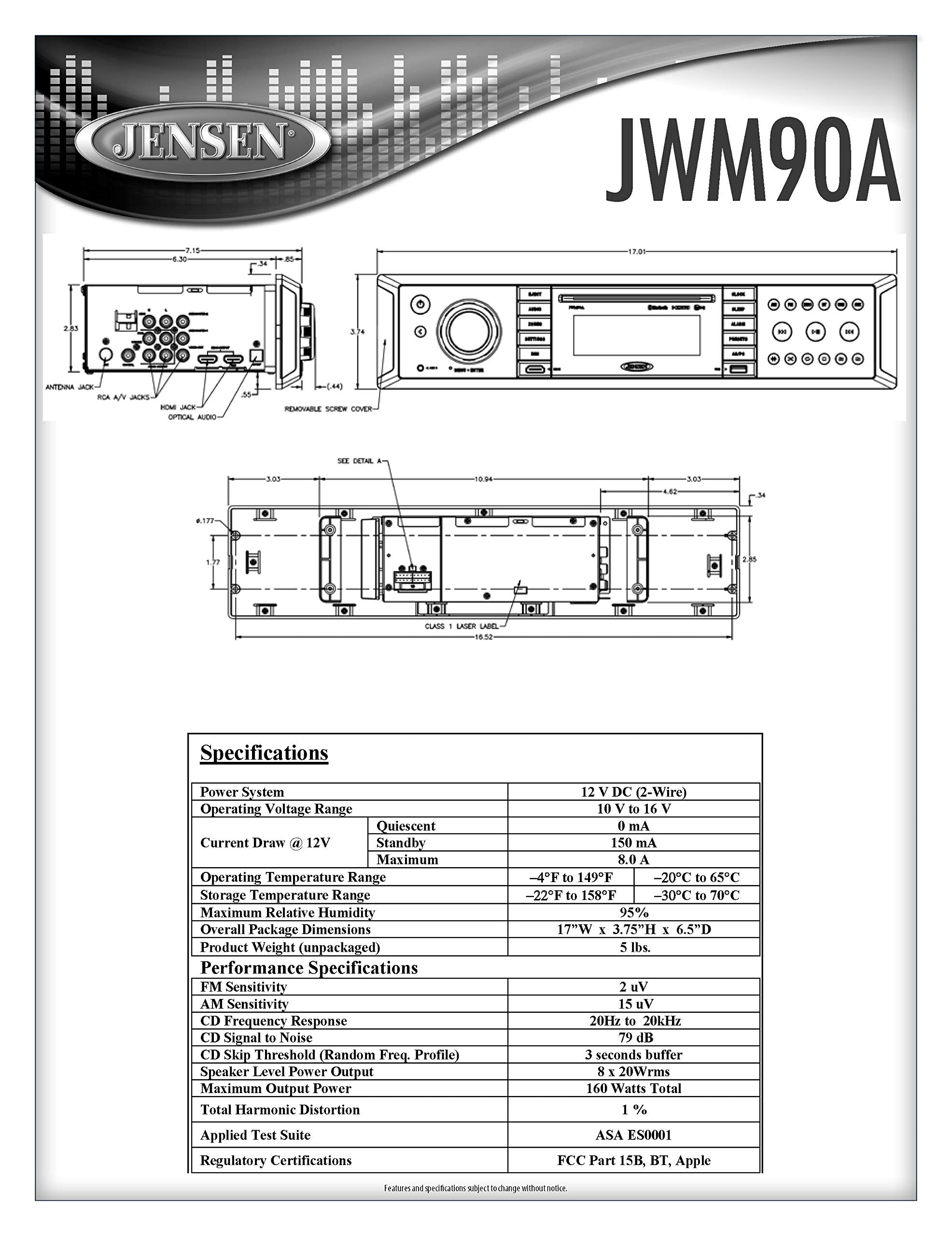 Jensen 3-Zone JWM90A Slimline Theater-Style Bluetooth Wallmount Stereo with App Control, DVD/CD-R/RW & MP3 Compatible, Dual HDMI Video Output, HDMI ARC, USB Play MP3/WMA Files, Rear RCA in/Out