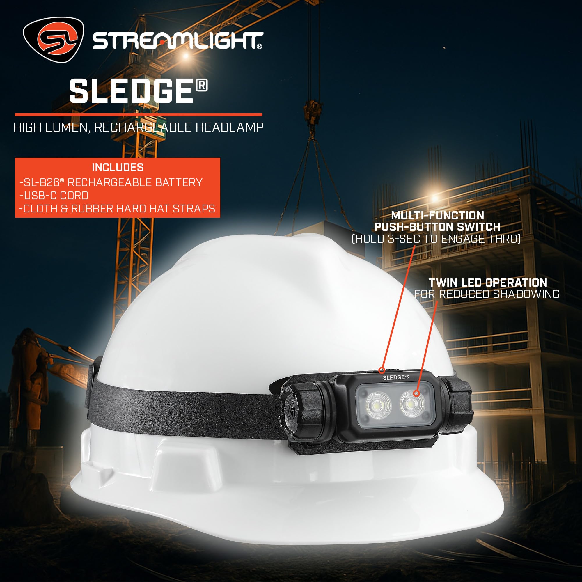 Sledge Streamlight 89019 1000-Lumen Max 600-Lumen Standard 1800-Candela Rechargeable Low-Profile LED Headlamp with Elastic and Rubber Hard Hat Straps, Black