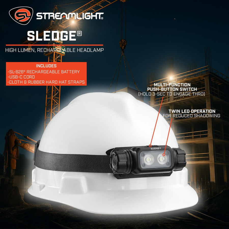 Sledge Streamlight 89019 1000-Lumen Max 600-Lumen Standard 1800-Candela Rechargeable Low-Profile LED Headlamp with Elastic and Rubber Hard Hat Straps, Black