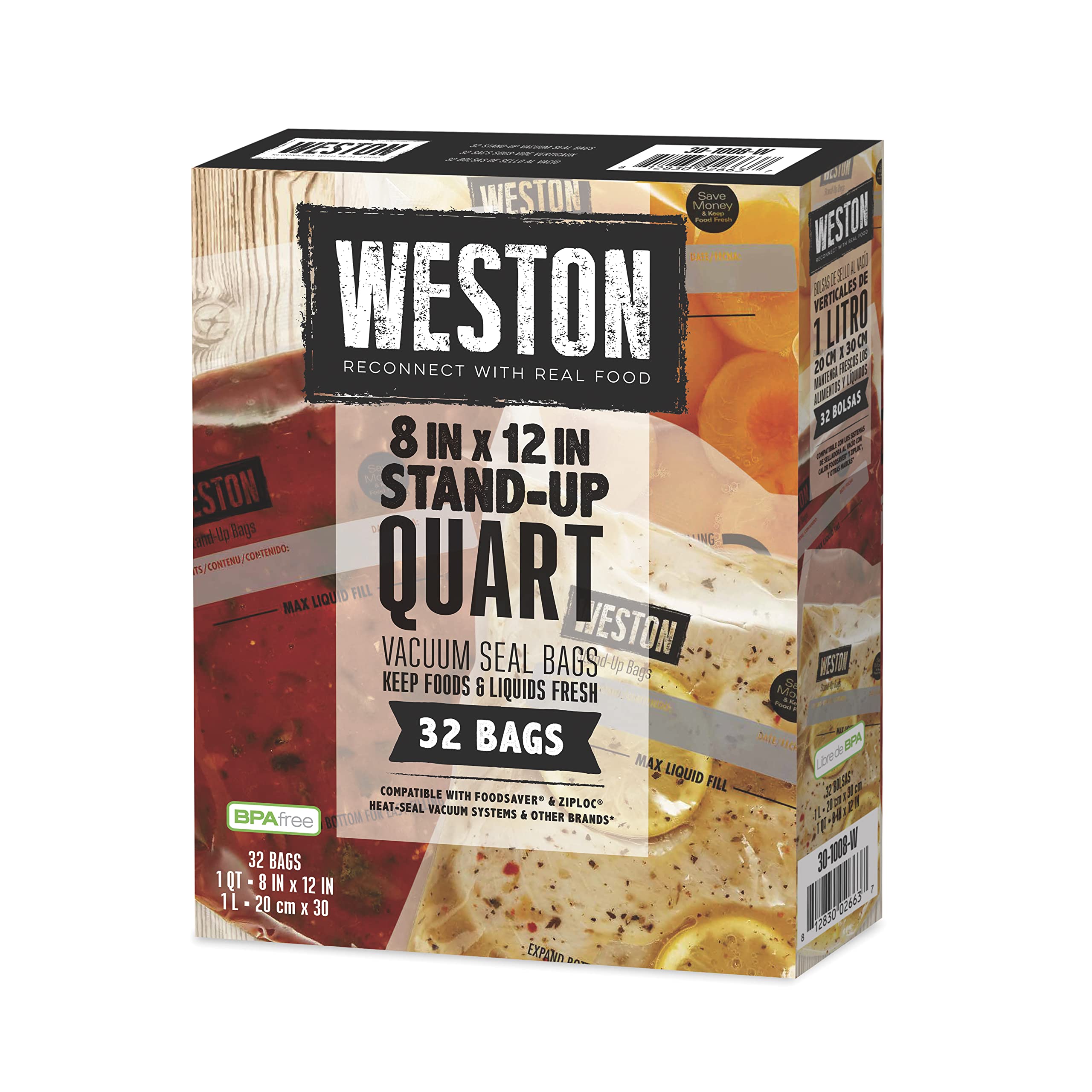 Weston 8" x 12" Vacuum Sealer Bags, Quart, 32 count Stand-Up for Food and Liquid, 2 Ply 3mm thick, for NutriFresh, FoodSaver & Other Heat-Seal Systems, for Meal Prep and Sous Vide, BPA Free