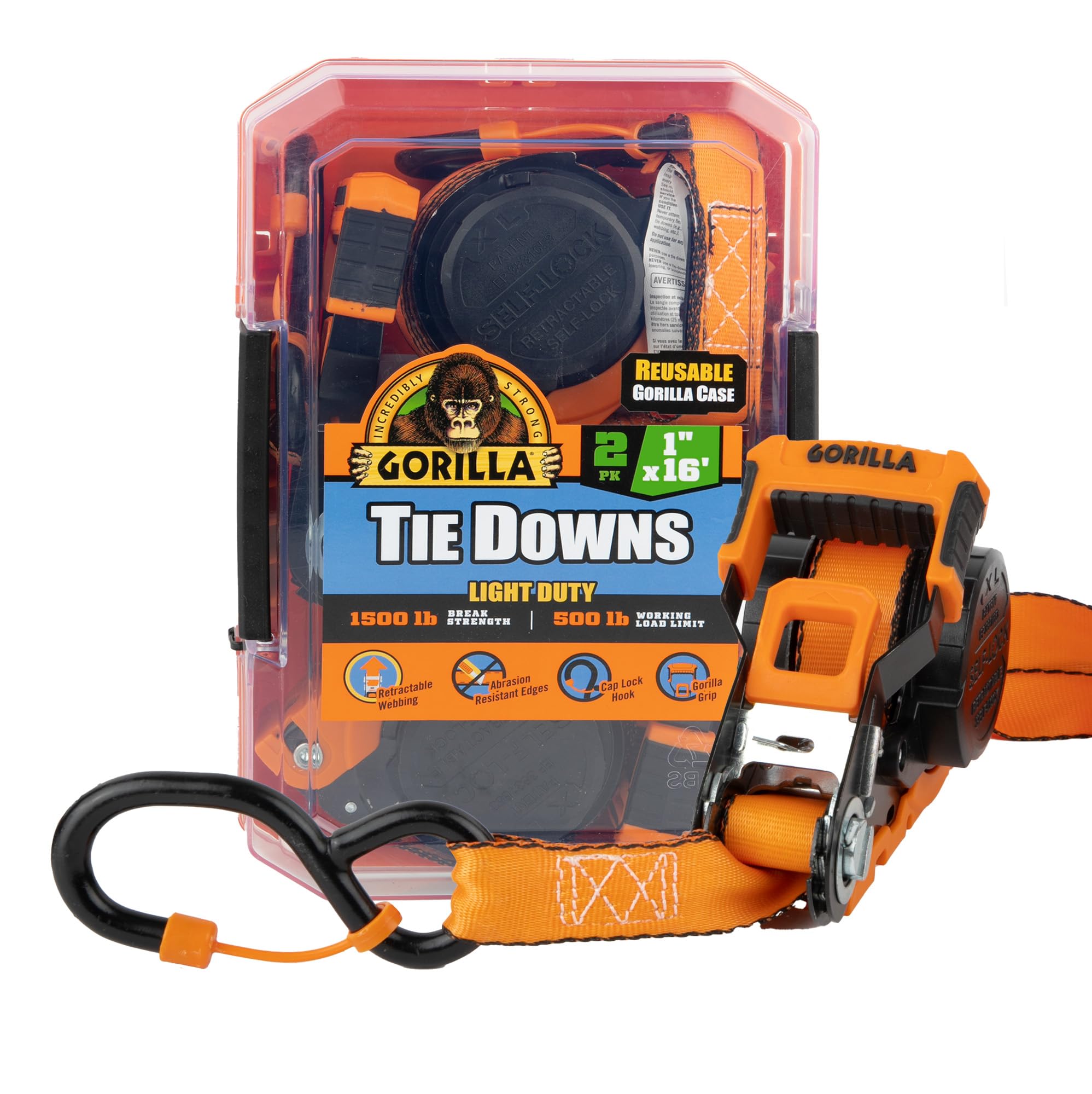 Gorilla Tie Down Ratchet Straps (2Pack) 1in x 16ft 1200lb Break Strength, Self-Locking Retractable, Heavy-Duty Orange Webbing, Gorilla-Grip Handles, Cap Locks, E-Coated Ratchets, Vinyl Hooks for Cargo