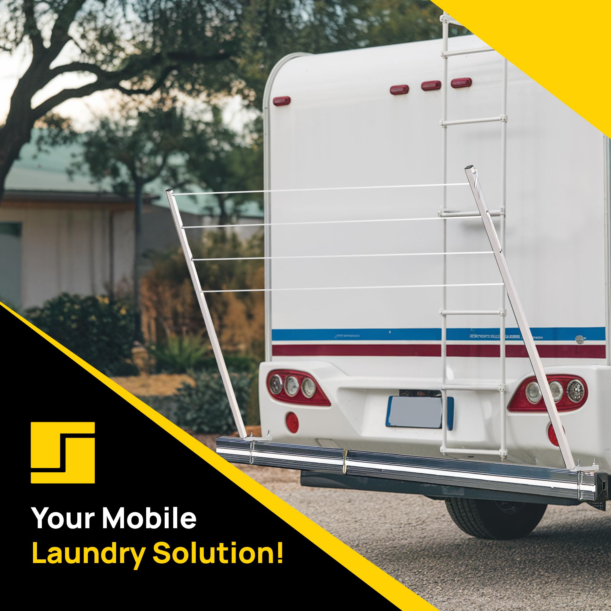 Stromberg Carlson Bumper Mounted CL-100 Clothesline - 48" aluminum foldable travel drying rack for RV Bumper, camper, and outdoor use; 84" hanging space, ideal RV clothesline and camping laundry rack.