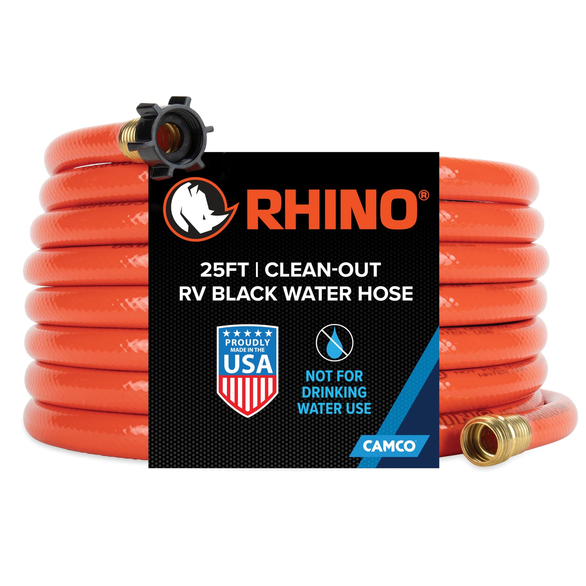 25-Ft Camco Rhino Clean-Out Black Water/RV Hose - Features a Heavy-Duty PVC Design & Bright Orange Color - Clean-Out Camper Black Water, Grey Water or Tote Tanks - 5/8” Inside Diameter (22990)