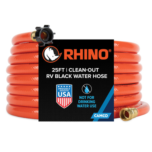 25-Ft Camco Rhino Clean-Out Black Water/RV Hose - Features a Heavy-Duty PVC Design & Bright Orange Color - Clean-Out Camper Black Water, Grey Water or Tote Tanks - 5/8” Inside Diameter (22990)