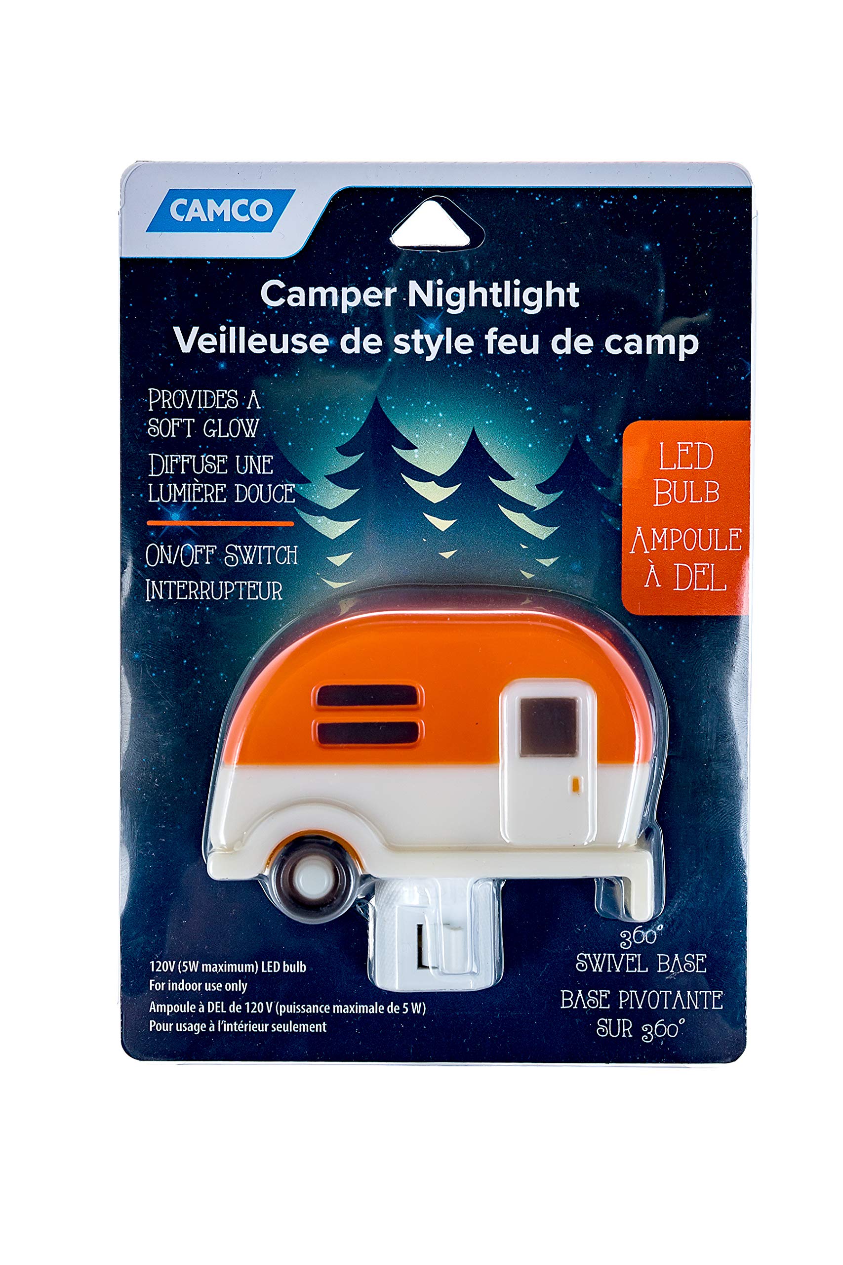 Camco Night Light Camper Plug-in - Includes (1) 120V LED Bulb, Creates Warm Glow - Camper Decor Features Fun Design, 360 Degree Swivel Base, and On/Off Switch (53102)