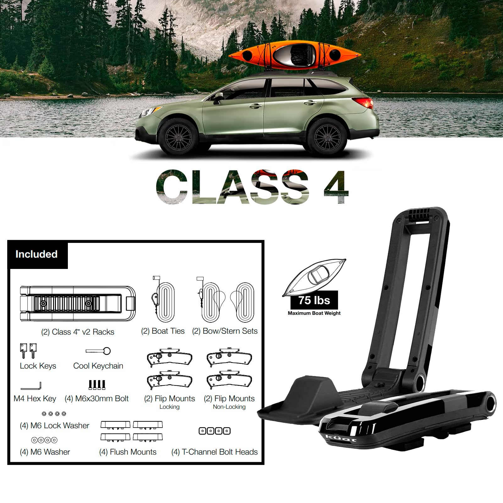 Folding J-Style KUAT Class 4 V2 Kayak Hauling Rack | Durable Rubber-Protected Universal Car SUV Rooftop Crossbar Mounted Boat Transportation System - Black