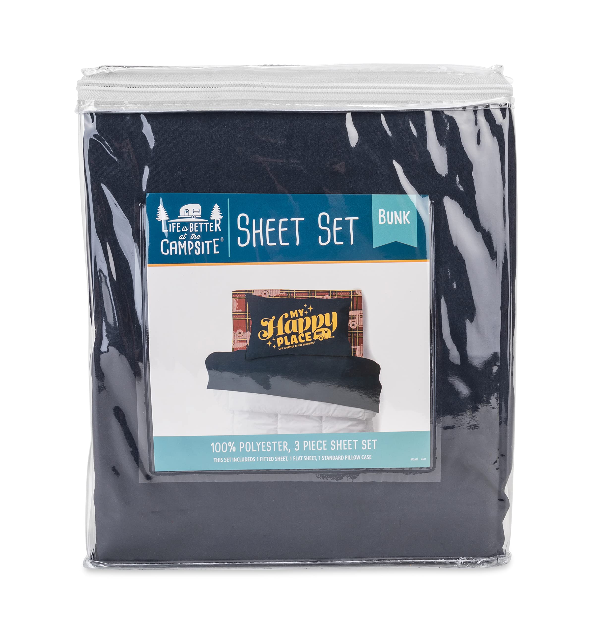 Camco Bunk Sized Bed Sheets Life is Better at The Campsite Camper/RV | Features Vintage-Inspired Camping Theme on Red Plaid & Navy Flat Sheet | Soft Machine Washable Polyester | 3-Piece Set (53120)