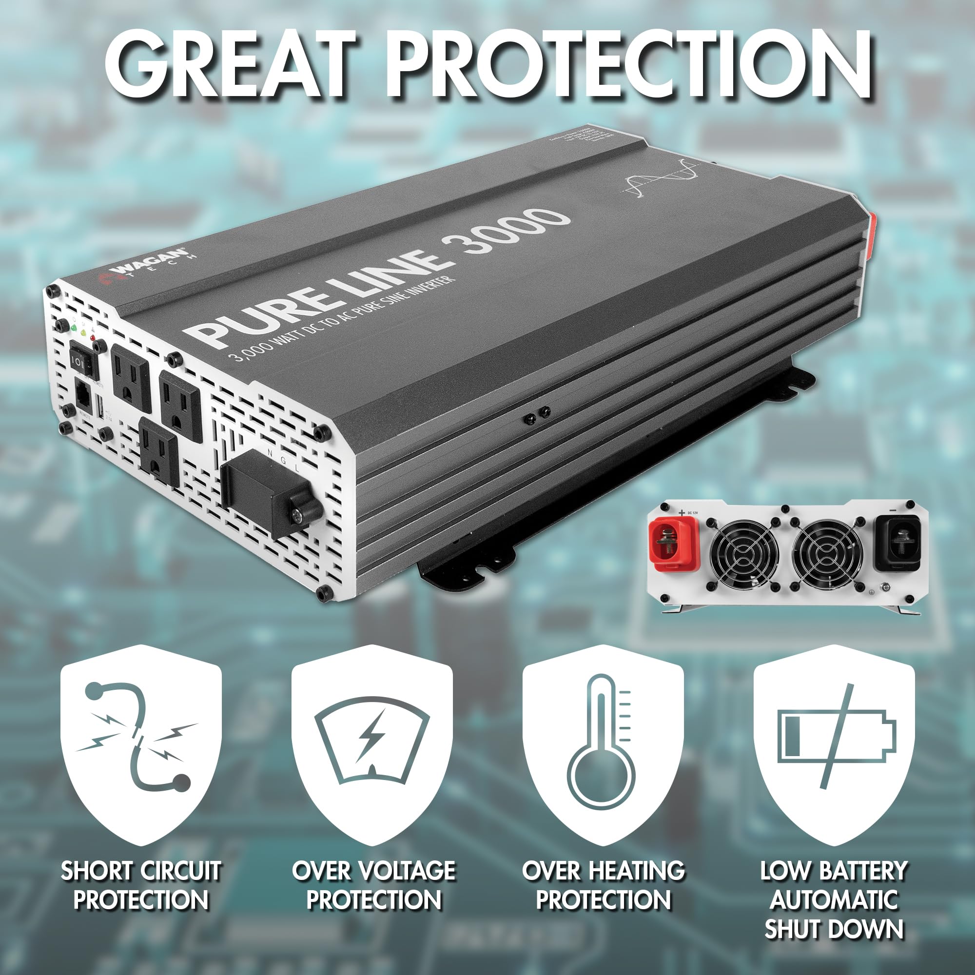 Wagan 3000 watt EL3810 Pure Line Power Inverter 6000 Watt Peak Surge Power DC 12V to 110V AC Car Inverter ETL Certified
