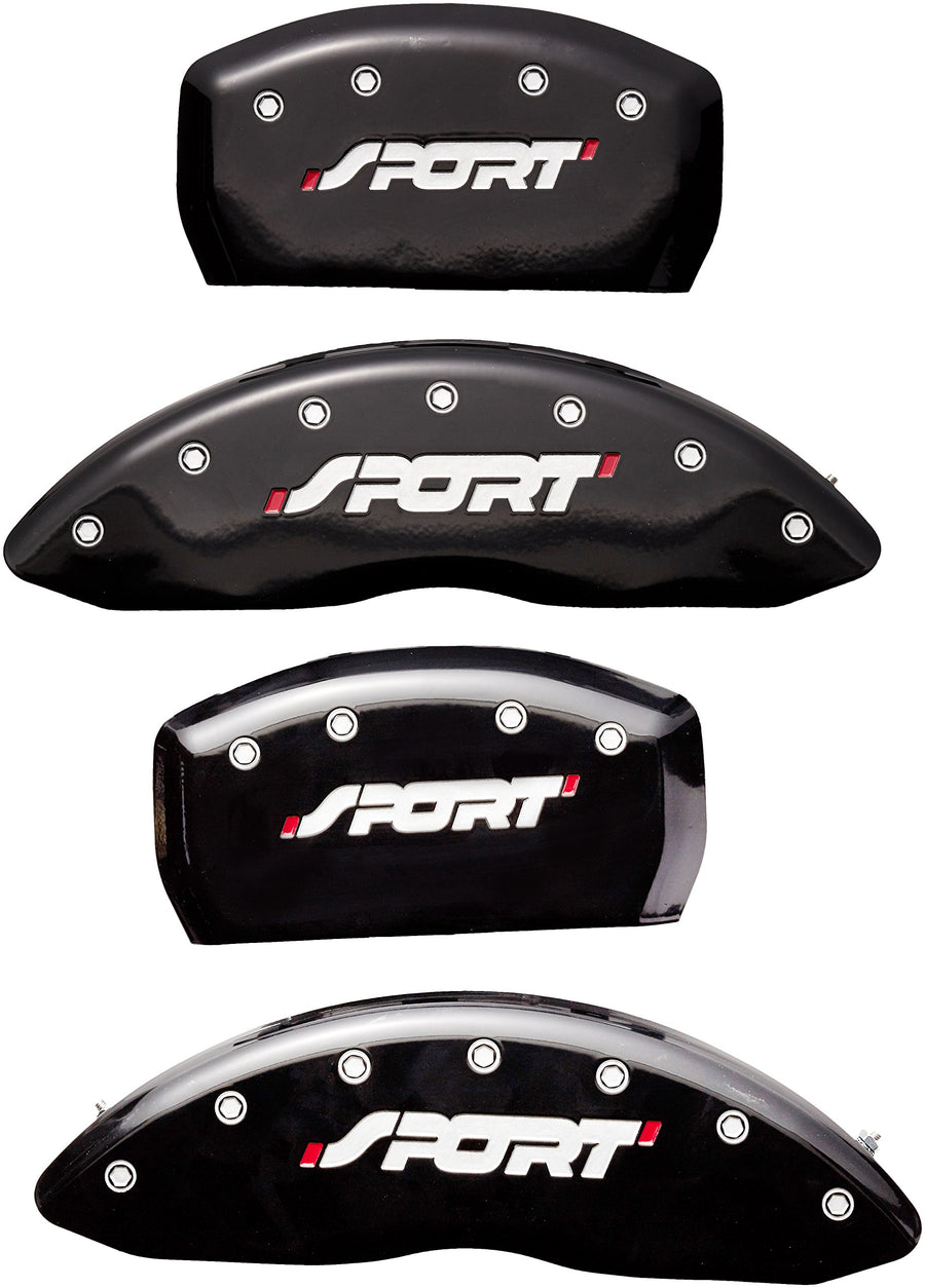 Caliper Covers MGP 10229SSPOBK (Black Powder Coat Finish, Engraved Front and Rear: SPORT, Silver Characters, Set of 4)
