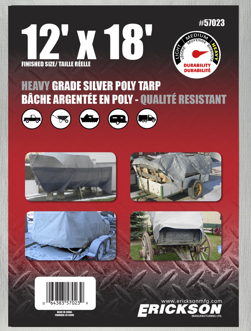 Heavy Grade Erickson Poly Tarp, 12' x 18', Silver