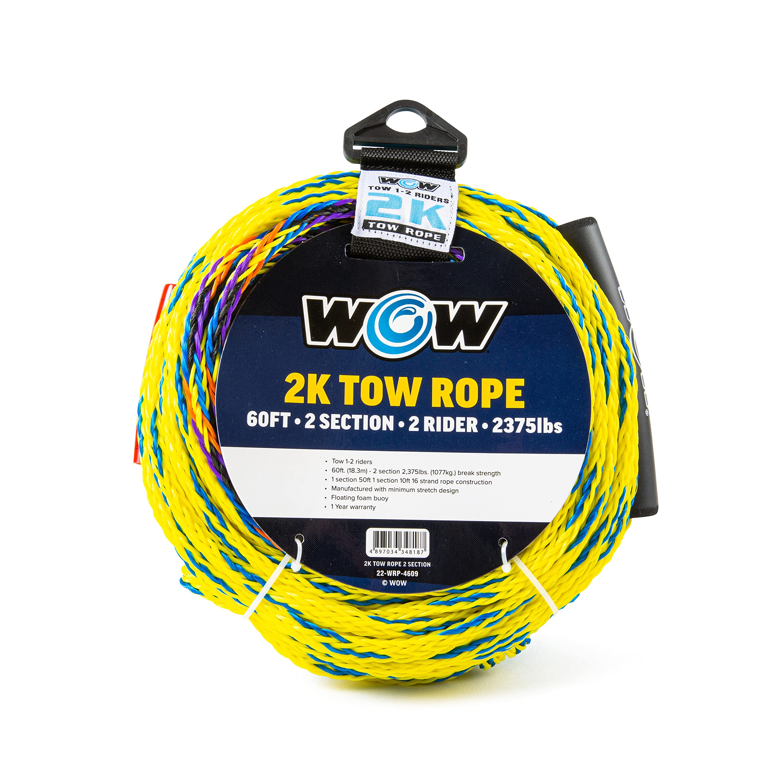 WOW Sports - Tow Rope 2K for Deck Tube - 1-2 Riders - 60 ft - UV Treated - W/Floating Handle
