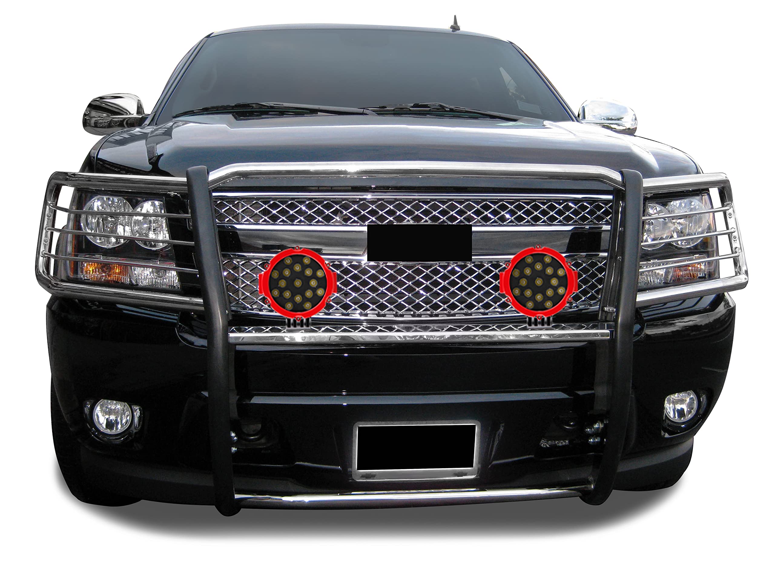 Bumper Guard Modular Black Horse Grille brush Stainless Steel Come With pair of 7.0"LED Lights with Red Trim Rings Compatible with 2007-2013 Avalanche|2007-2014 Suburban 1500/Tahoe-17A037400MSS-PLR