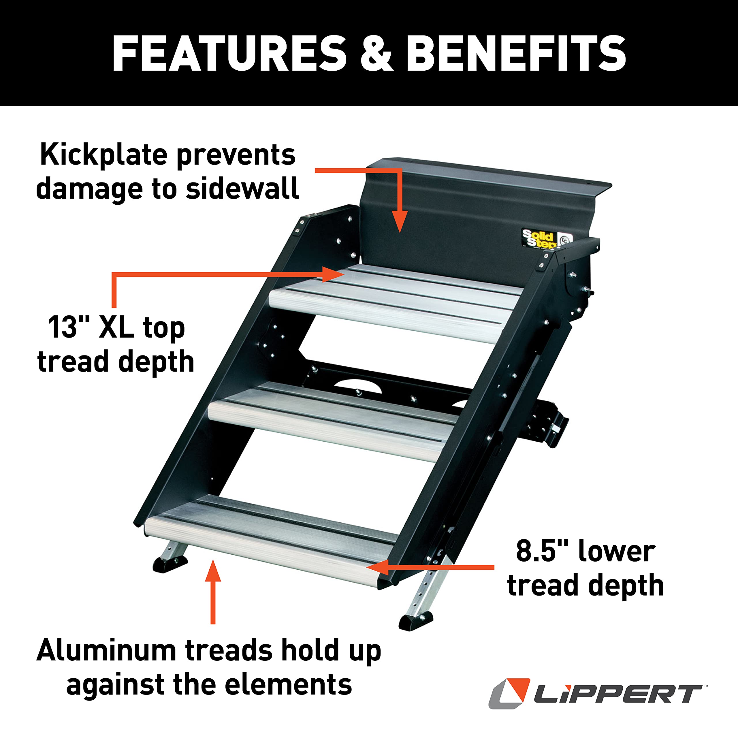 Solid Step Lippert-791573 Triple Step for RV and Travel Trailer Entry Doorway, 30-inch, Black