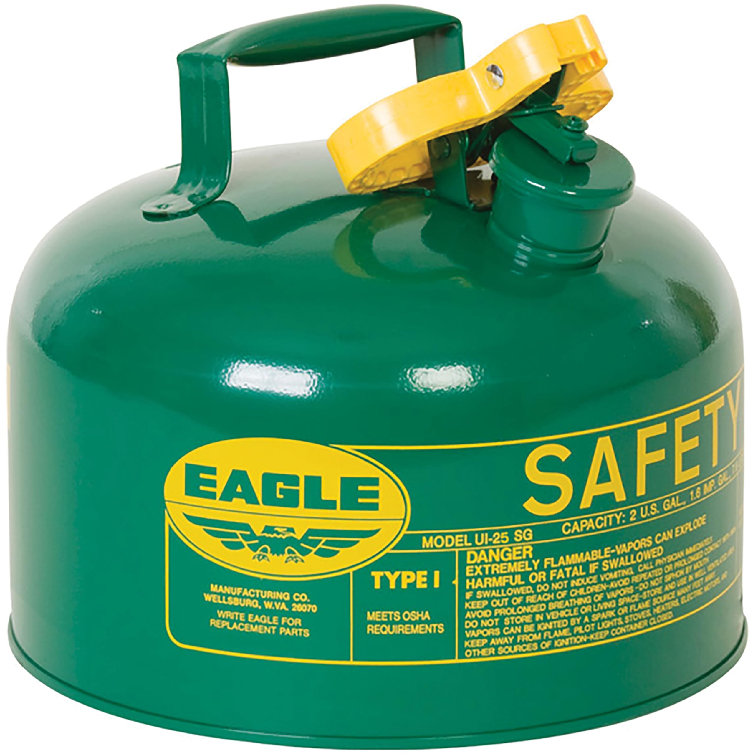 Eagle Safety Gas Can 2.5 Gallon Type I Green for Oil and Other Combustibles with Flame Arrester and Self-Closing Lid, Made in the USA, Galvanized Steel Flammable Storage Can, UI25SG