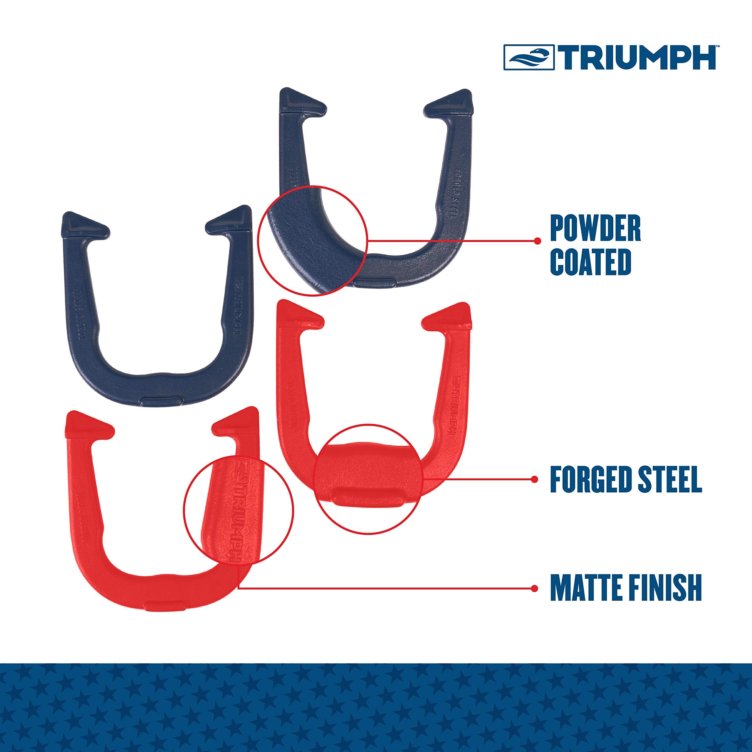 Forged Horseshoe Set TRIUMPH SPORTS USA Complete with 4 Horseshoes, 2 Stakes and Hard Plastic Case with Locking Tabs for Transportation and Storage