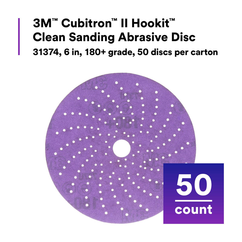 3M Cubitron II Clean Sanding Hookit Abrasive Disc 31374, 6 in, 180+ Grade, Pack of 50 Discs, Virtually Dust-Free, High Performance, Long Lasting, Multi-Hole Pattern, Feather Edging, Stock Removal