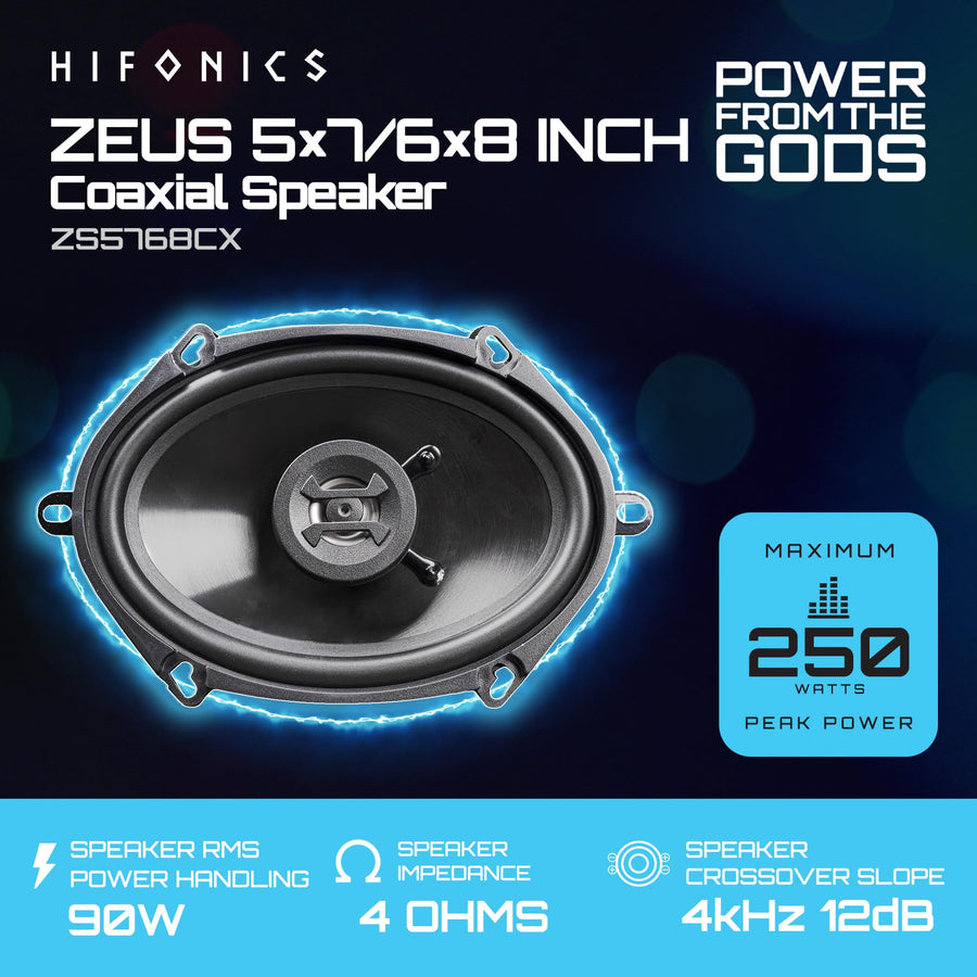 Hifonics ZS5768CX Zeus 5x7/6x8" 2 Way 250W Car Audio Coaxial Speakers with Mylar Dome Tweeter and Alpha Cellulose Poly Woofers, Pair