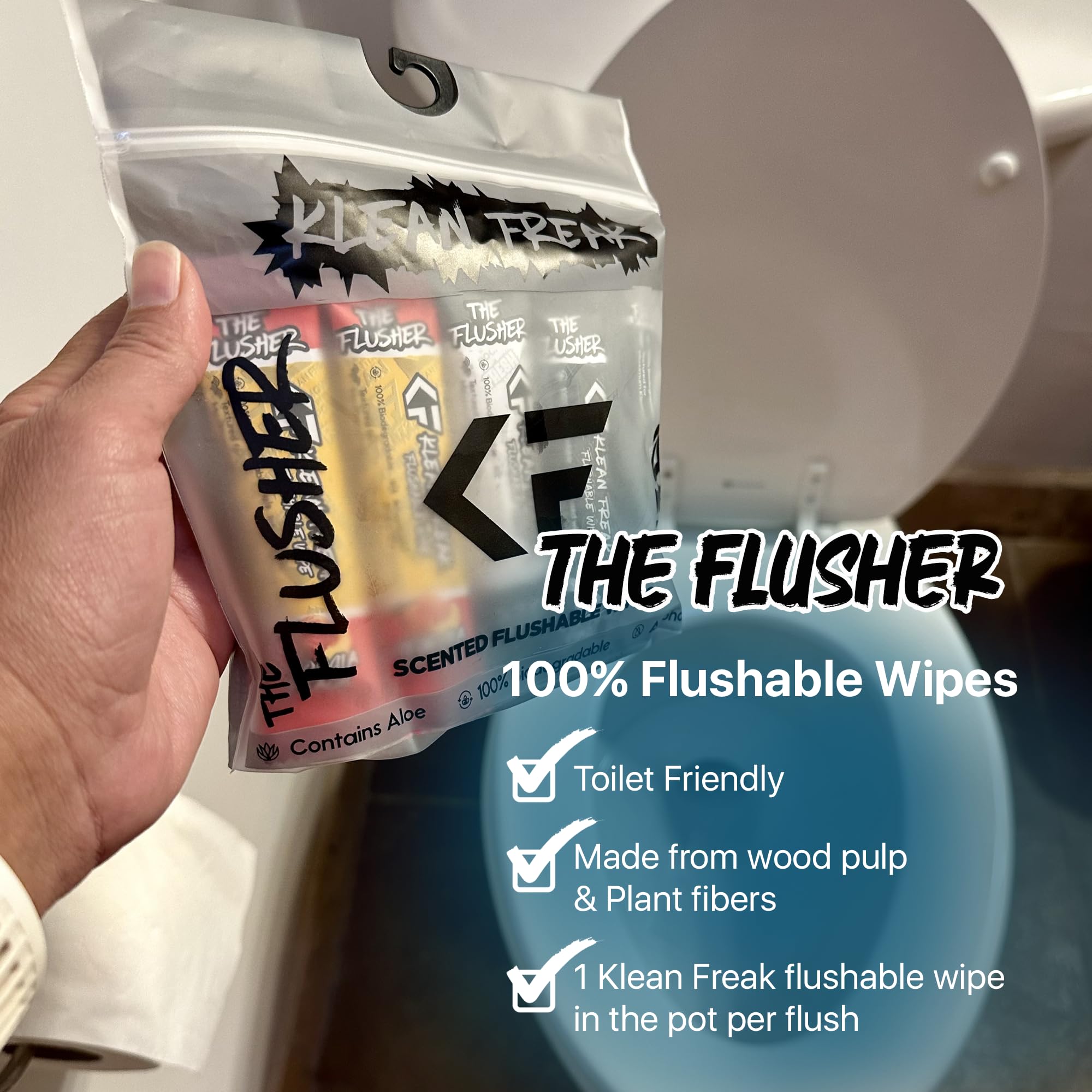 The Klean Freak Flusher - 100 Pack Flushable Wipes for Kids & Adults, Unscented/Scented, 100% Biodegradable, Individual Wrapped Travel Wet Wipe for Toilet - Georgia Peach