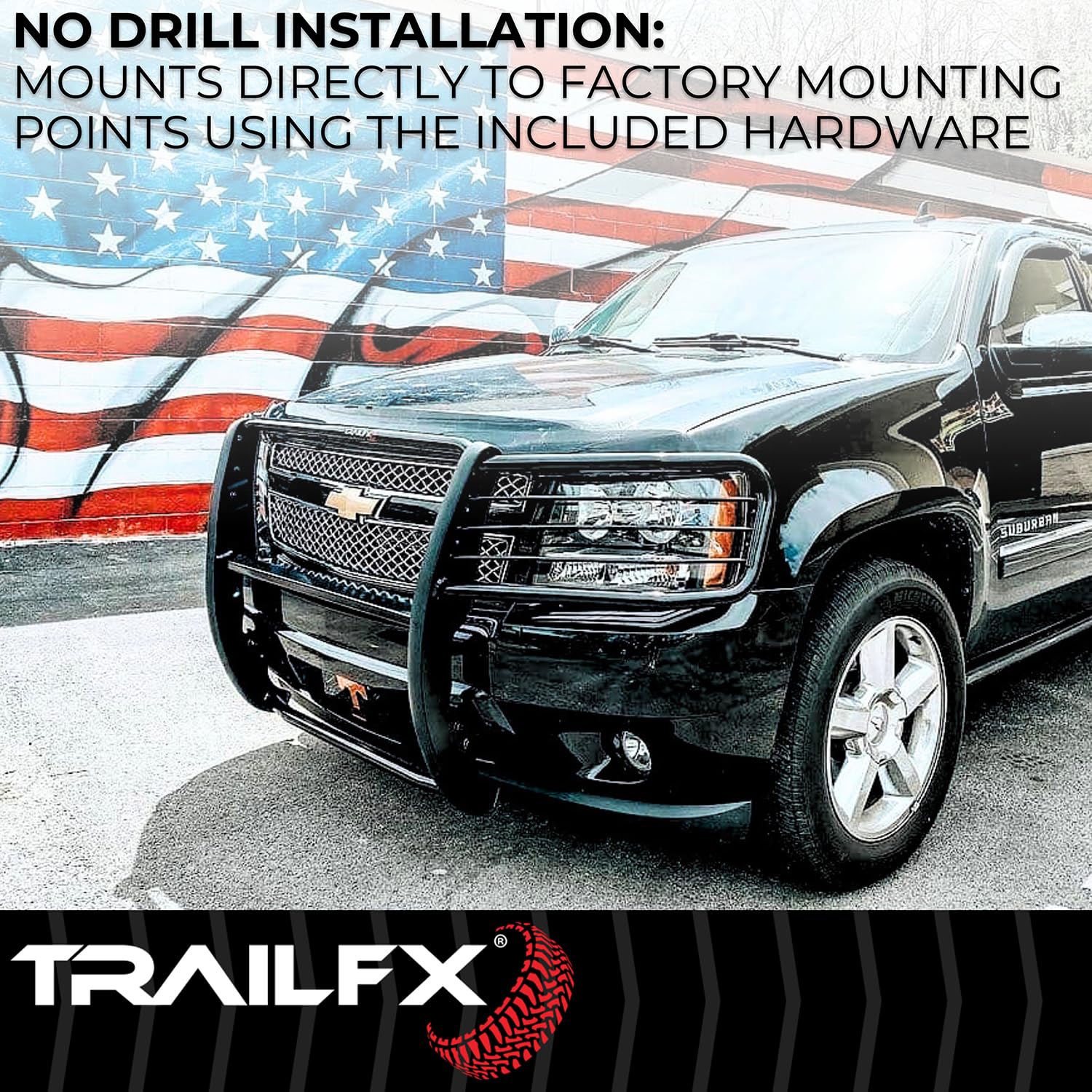 Grille Guard TrailFX E0049T, 1-Piece, Black Textured Powder Coated, Steel, 1-1/2 In Dia, With Brush Guard, Fits 2022-2025 Toyota Tundra (Models With Parking Brake Support System Must Turn Off System)