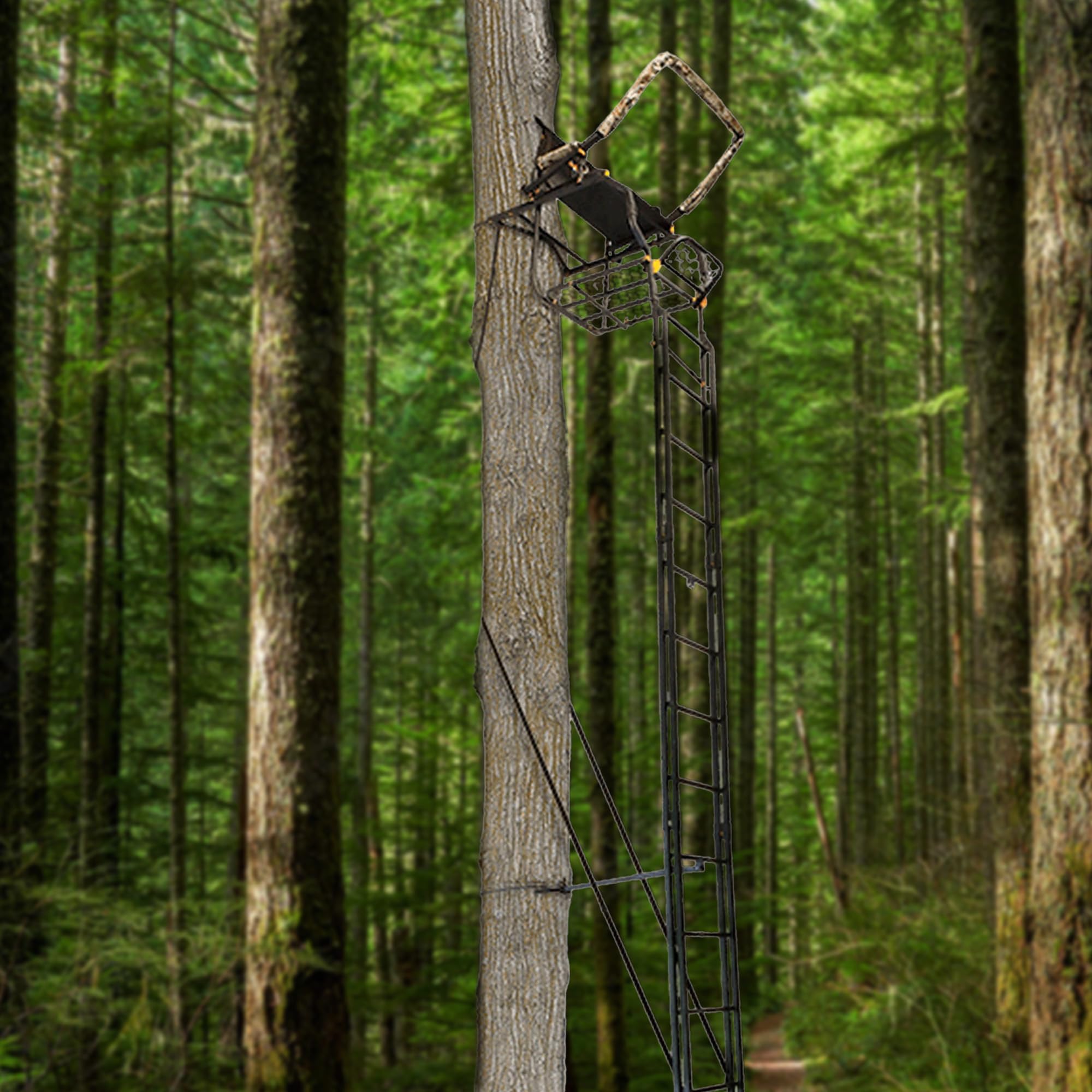 1-Person MUDDY Huntsman Deluxe Steel Ladder Tree Stand, 17 ft Tall, 300 lb Capacity - Heavy-Duty Hunting Treestand with Lumbar Support Seat, Flip-Back Adjustable Shooting Rail & Silencer Technology