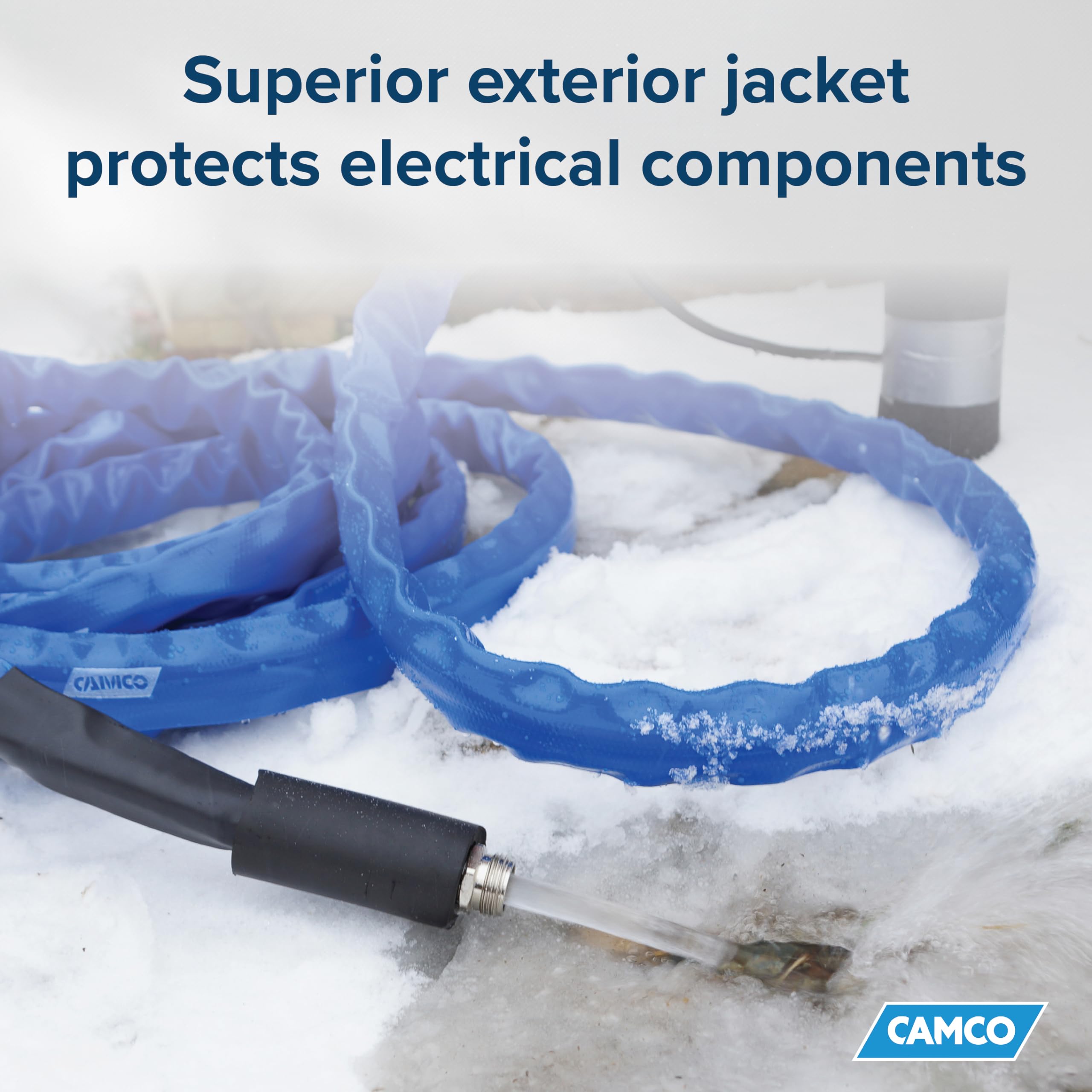 12-Ft Camco Heated Water Hose for RV - Water Line Freeze Protection Down to -20°F/-28°C - Features Energy-Saving Thermostat & Includes Adapter for Connection to Either End of Hose (22910)