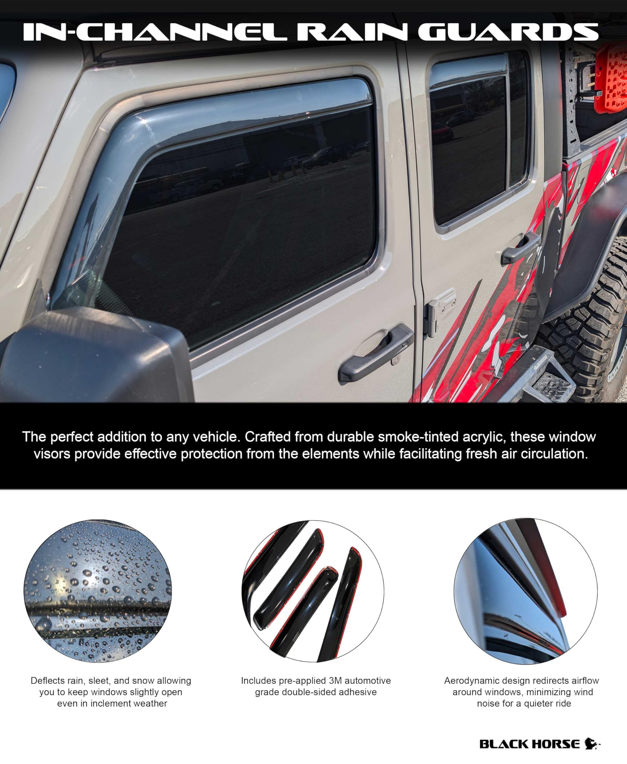 Off Road Black Horse [BHOR in Channel Rain Guards/Wind Deflectors Compatible with 2018-2024 Jeep Wrangler Smoke 4 PCs - 1494811IN
