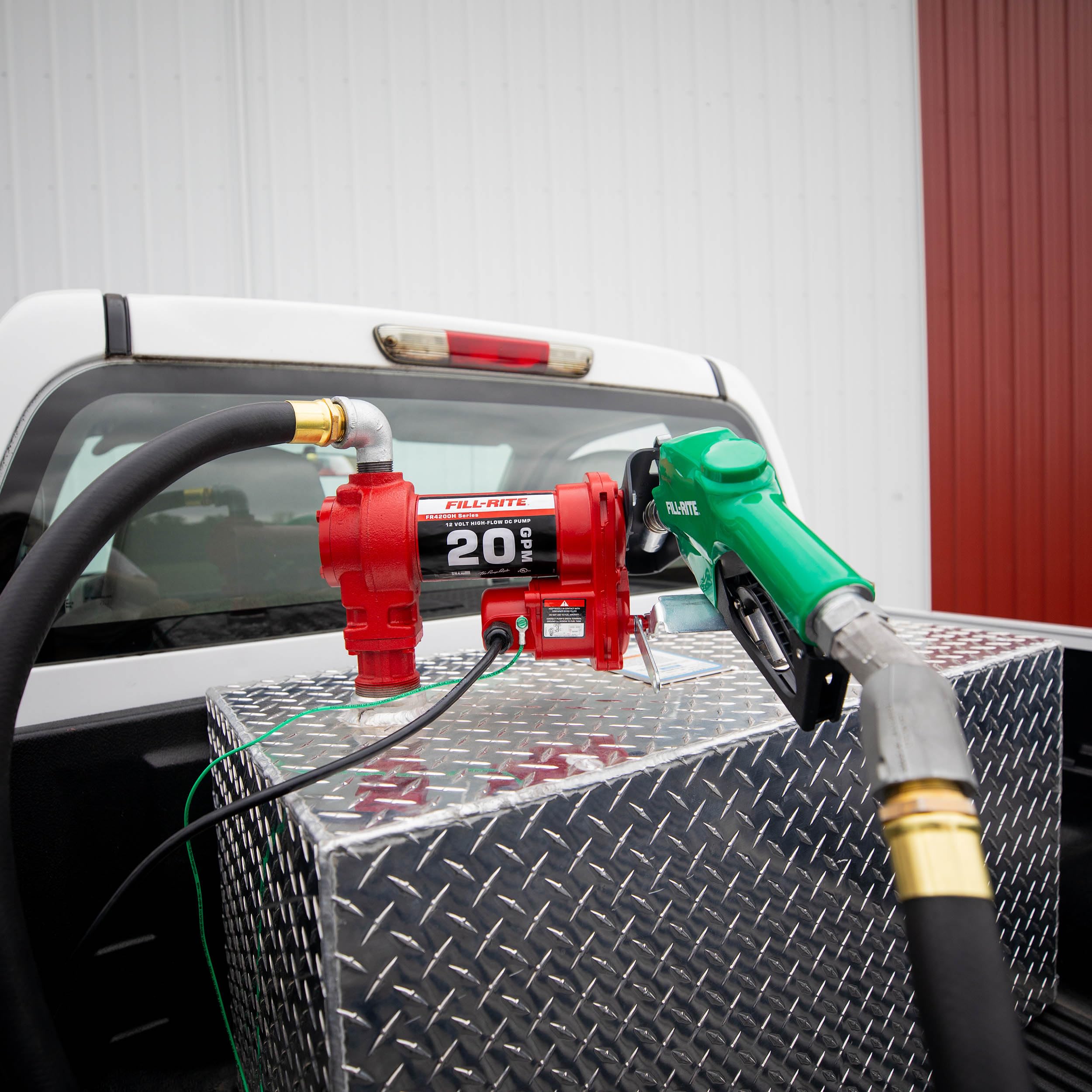 Fill-Rite 12V FR4220HDSQ Fuel Transfer Pump with Discharge Hose, Automatic Nozzle – Green, & Swivel | Gasoline, Diesel, Kerosene, Ethanol Blends, Methanol Blends & Biodiesel