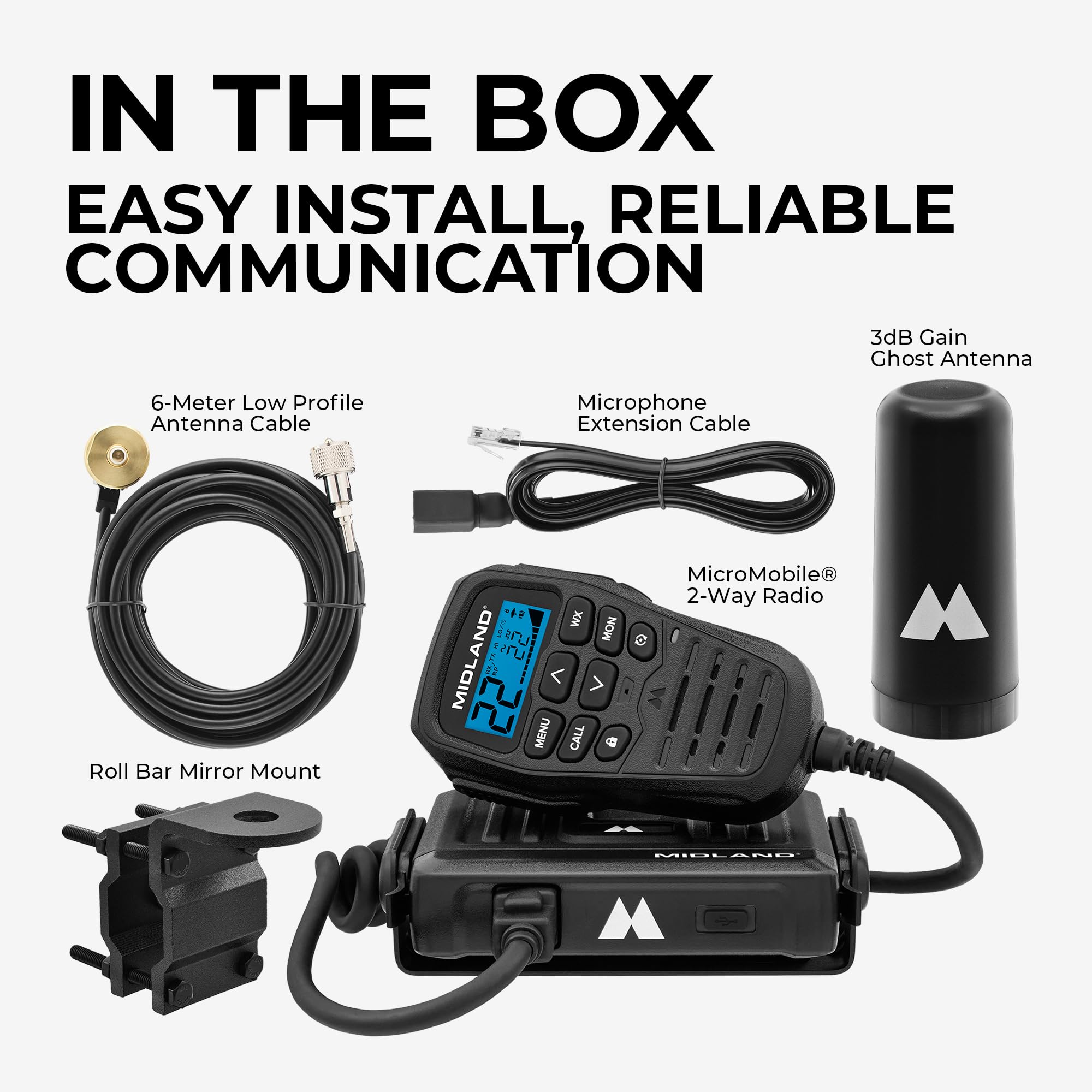 MXT275VP4 Midland® - 15 Watt GMRS MicroMobile Two-Way Radio - ATVs UTVs and Other Off-Road Vehicles - Overlanding Gear - Extended 3dB gain Roll Bar Mount Antenna Microphone Extension Cable
