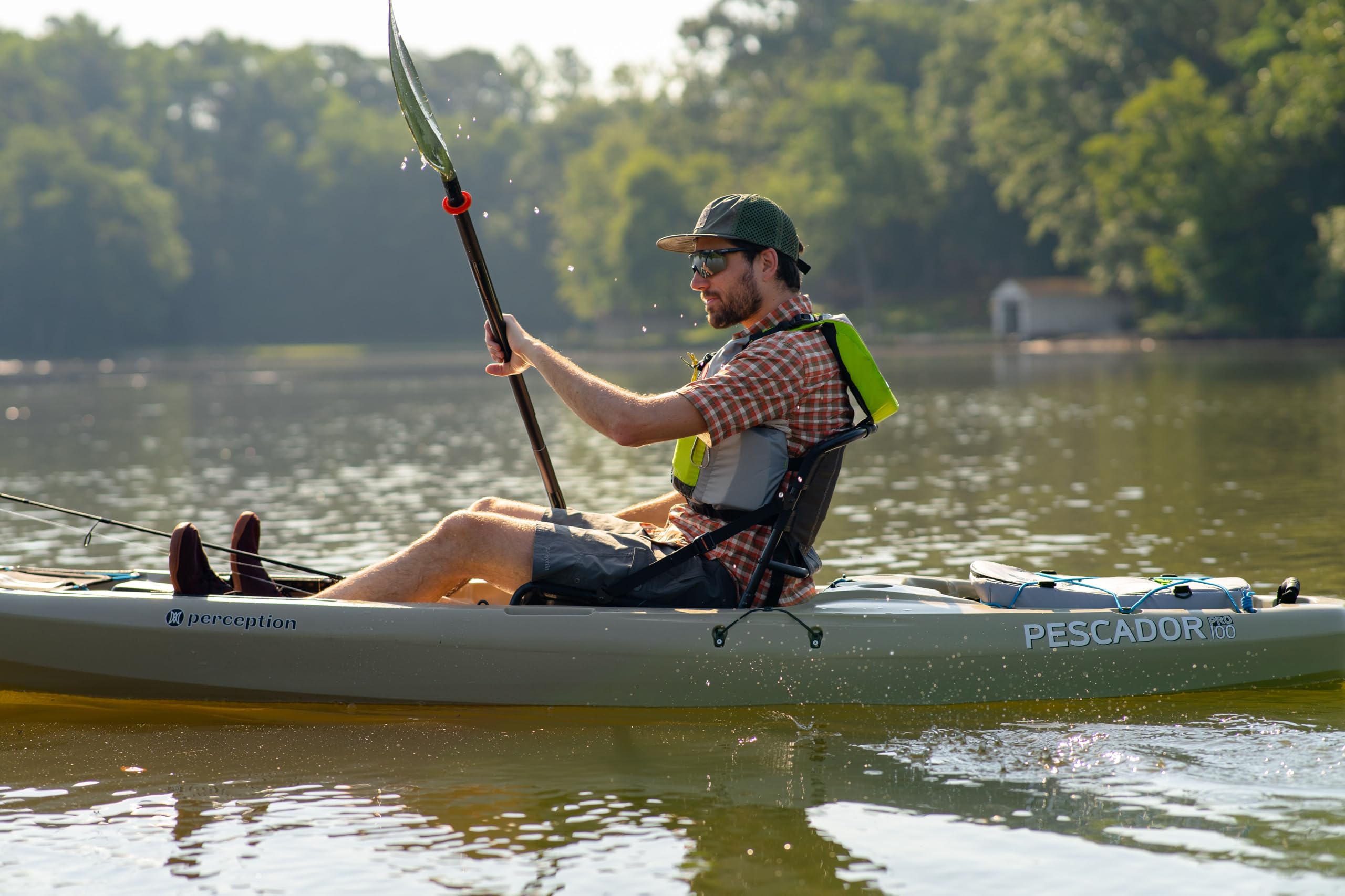 Pescador Pro 10 Perception Kayaks | Sit on Top Fishing Kayak with Adjustable Lawn Chair Seat | Large Front and Rear Storage | 10' 6" | Moss Camo
