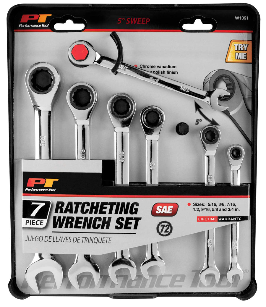 W1091 Performance Tool Sae Ratcheting Wrench Set, 7-Piece