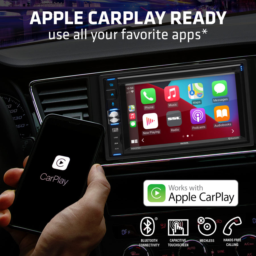 Sound Storm Laboratories DDCP62 Car Stereo - Double Din, Apple CarPlay, 6.2 Inch Capacitive Touchscreen, Bluetooth, No DVD CD Player, AM/FM Radio Receiver, Wireless Remote Control
