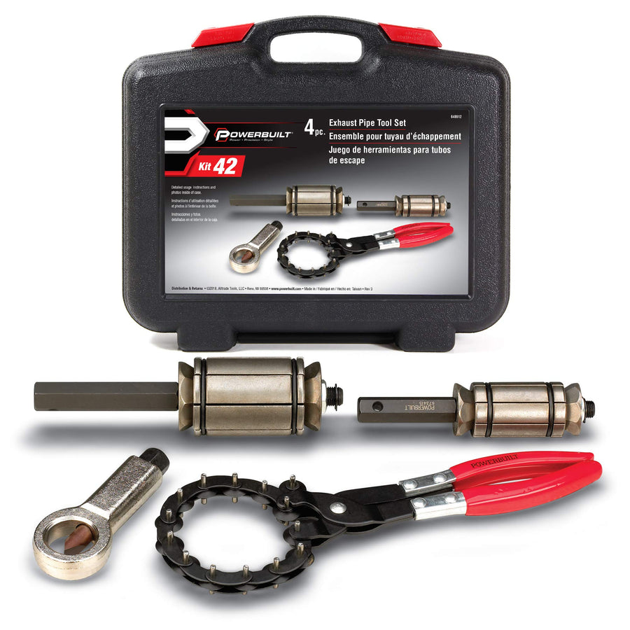 Powerbuilt 4 Piece Tool Set Exhaust Pipe, Repair Tailpipes, Expanders, Removing Dents, Chain Cutter, Nut Splitter, Import and Domestic Vehicles 648612