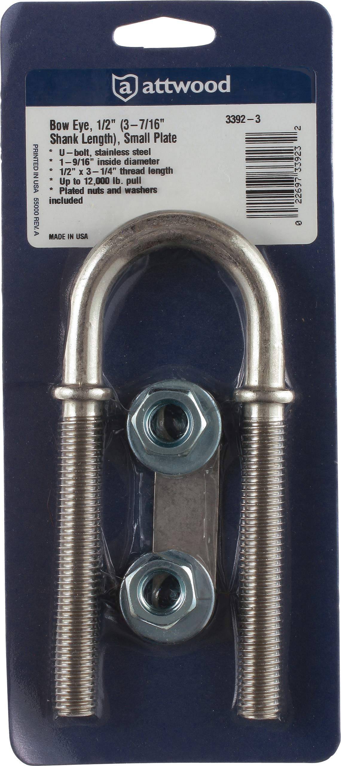 Stainless Steel Attwood 3392-3 Bow Eye 7/16-Inch U-Bolt with Plated Nuts and Washers