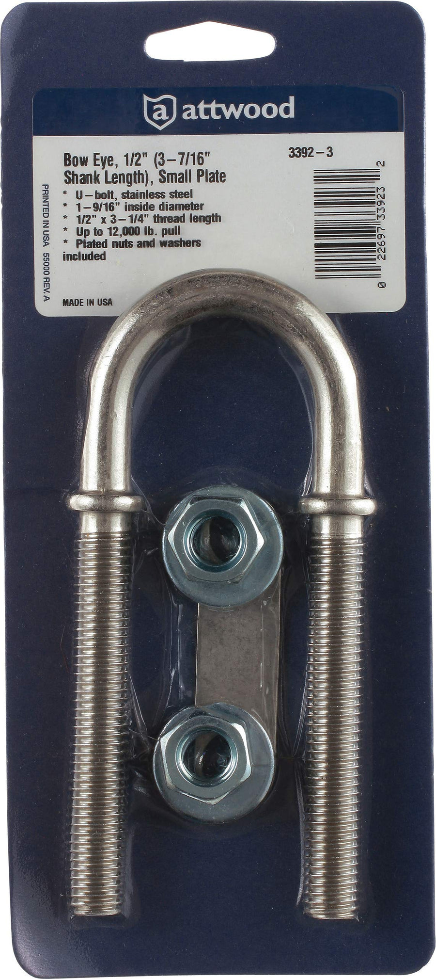 Stainless Steel Attwood 3392-3 Bow Eye 7/16-Inch U-Bolt with Plated Nuts and Washers