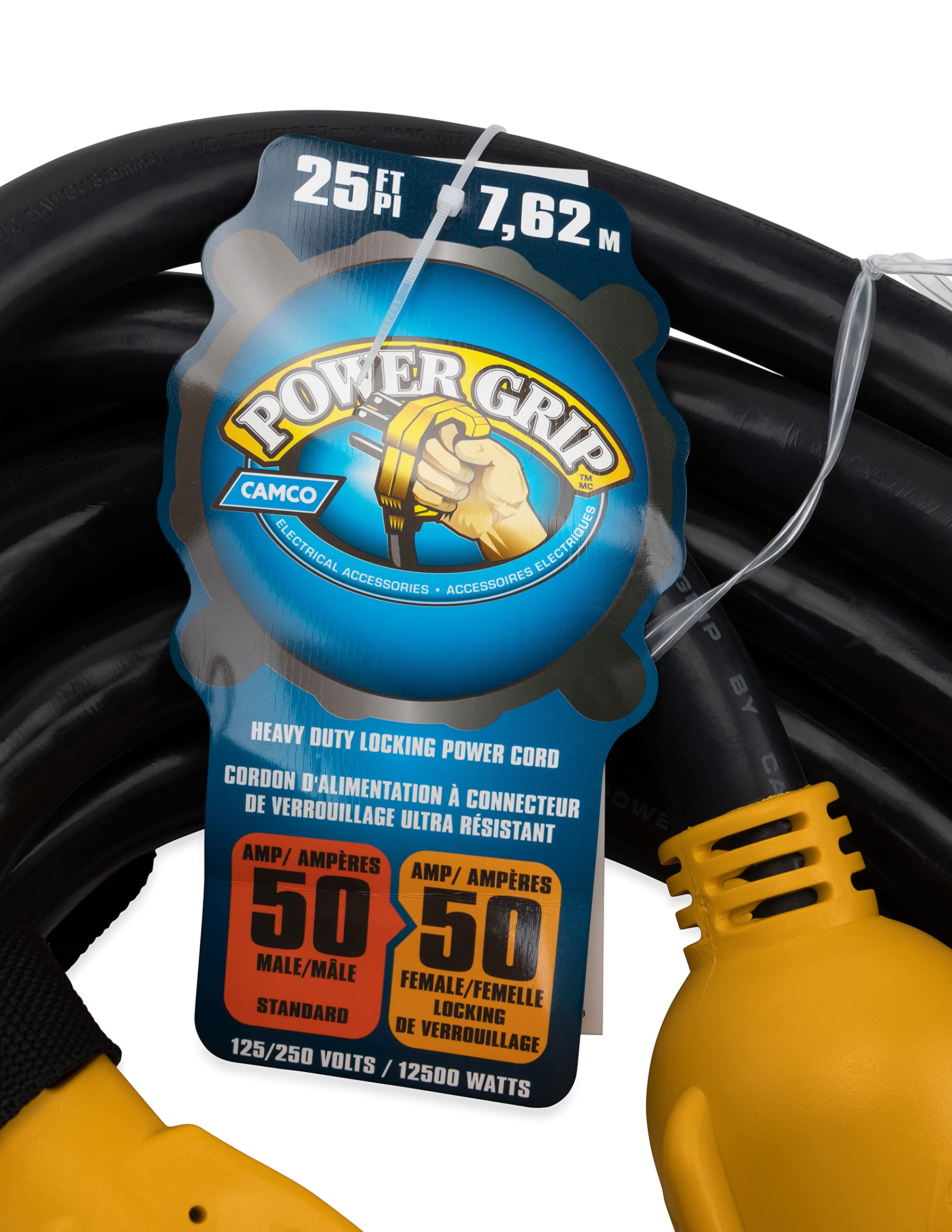 Camco 25-Foot PowerGrip 50-Amp RV Extension Cord | Features a 50-Amp Standard Male Connector, a 50-Amp Locking Female Connector, and is Rated for 125/250 Volts/12500 Watts (55542)