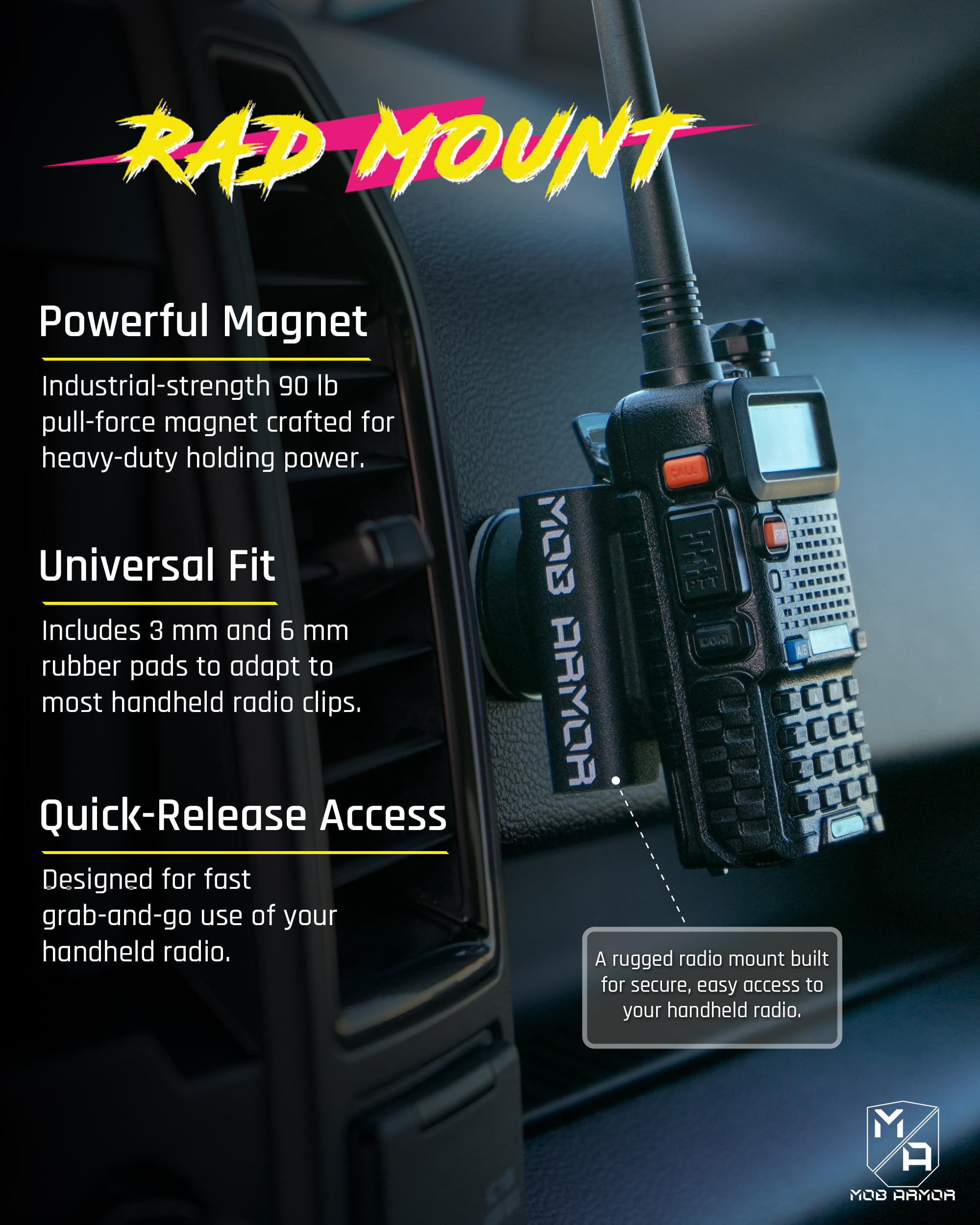 Rad Mount Mob Armor - Magnetic Car Mount Kit for CB, VHF, GMRS & Other Handheld Radios with Hand Mic Holder & Base, Walkie Talkie Holder, Mounting Solutions for Truck, Military & Off Road Accessories