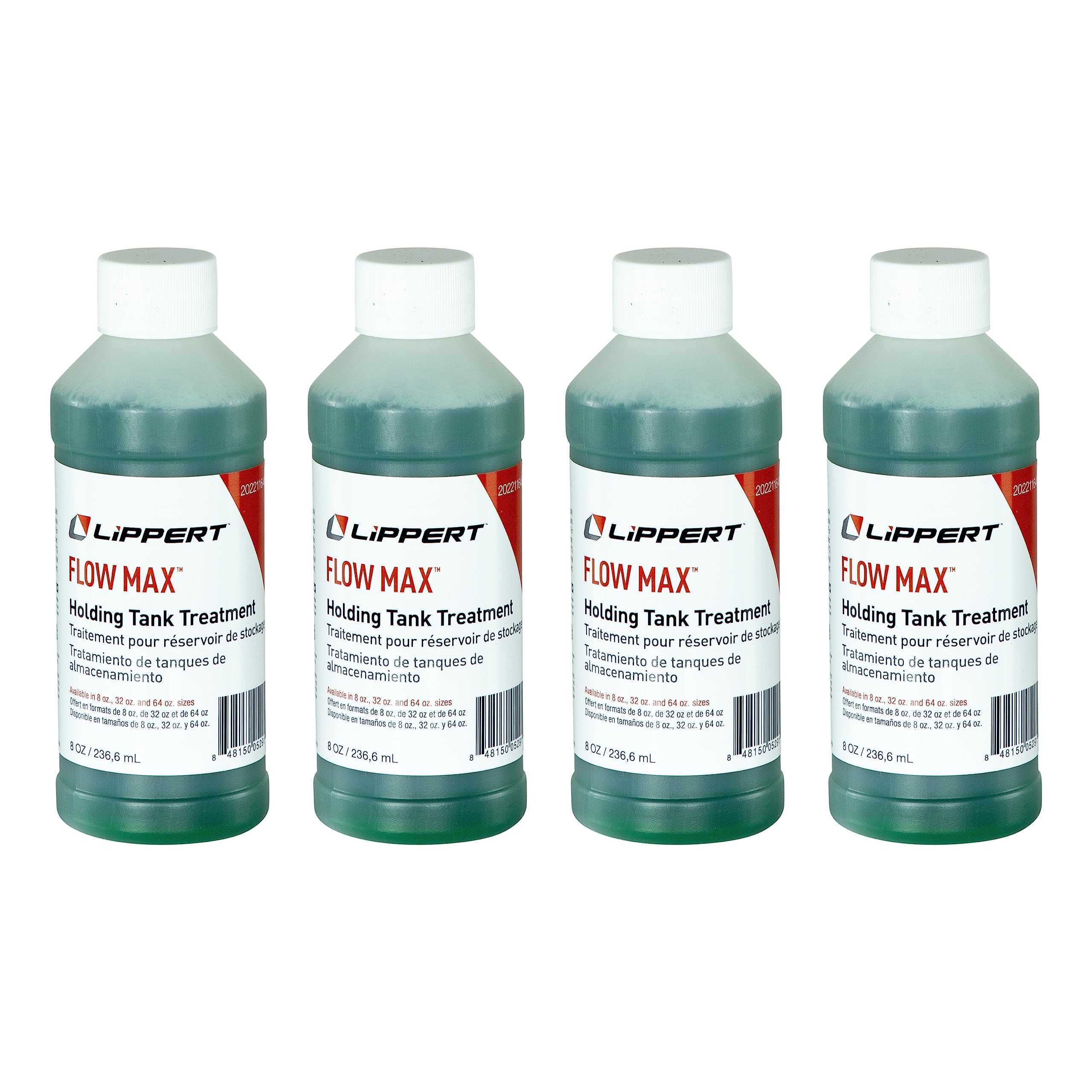 Lippert Holding Tank Treatment Flow Max for RVs and Boats, Breaks Down Toilet Paper, Prevents Clogging and Residue Buildup, Cleans Sensors, Made in The USA - 8 oz. Bottles, 4-Pack