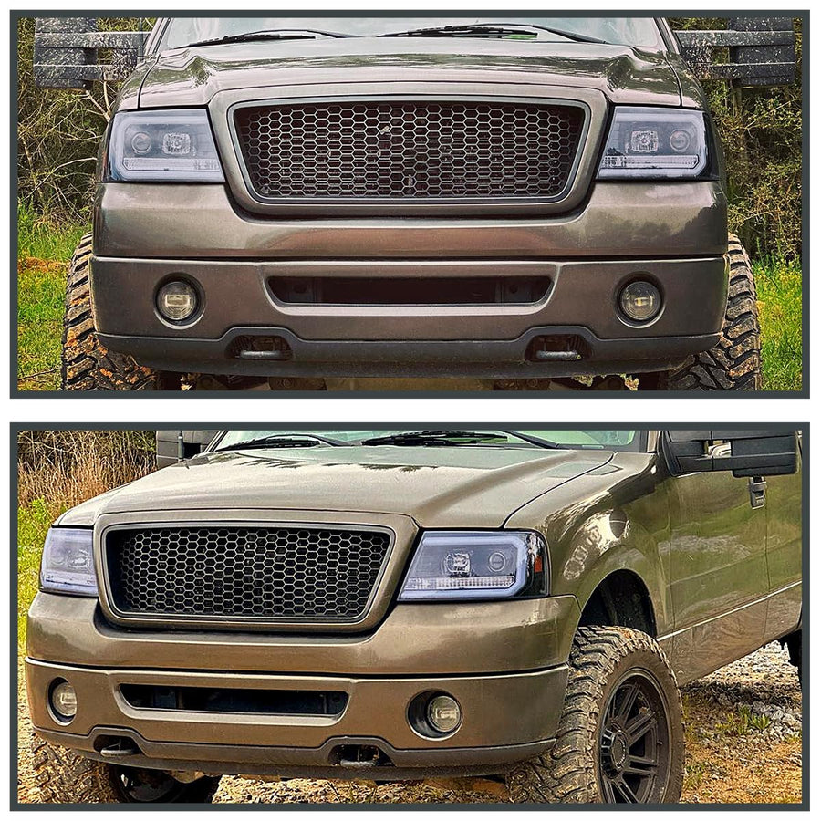 Black Smoke LED Tube Projector Headlights SPEC-D TUNING Compatible with 2004-2008 Ford F-150, 2006-2008 Lincoln Mark LT, Left + Right Pair Headlamps Assembly