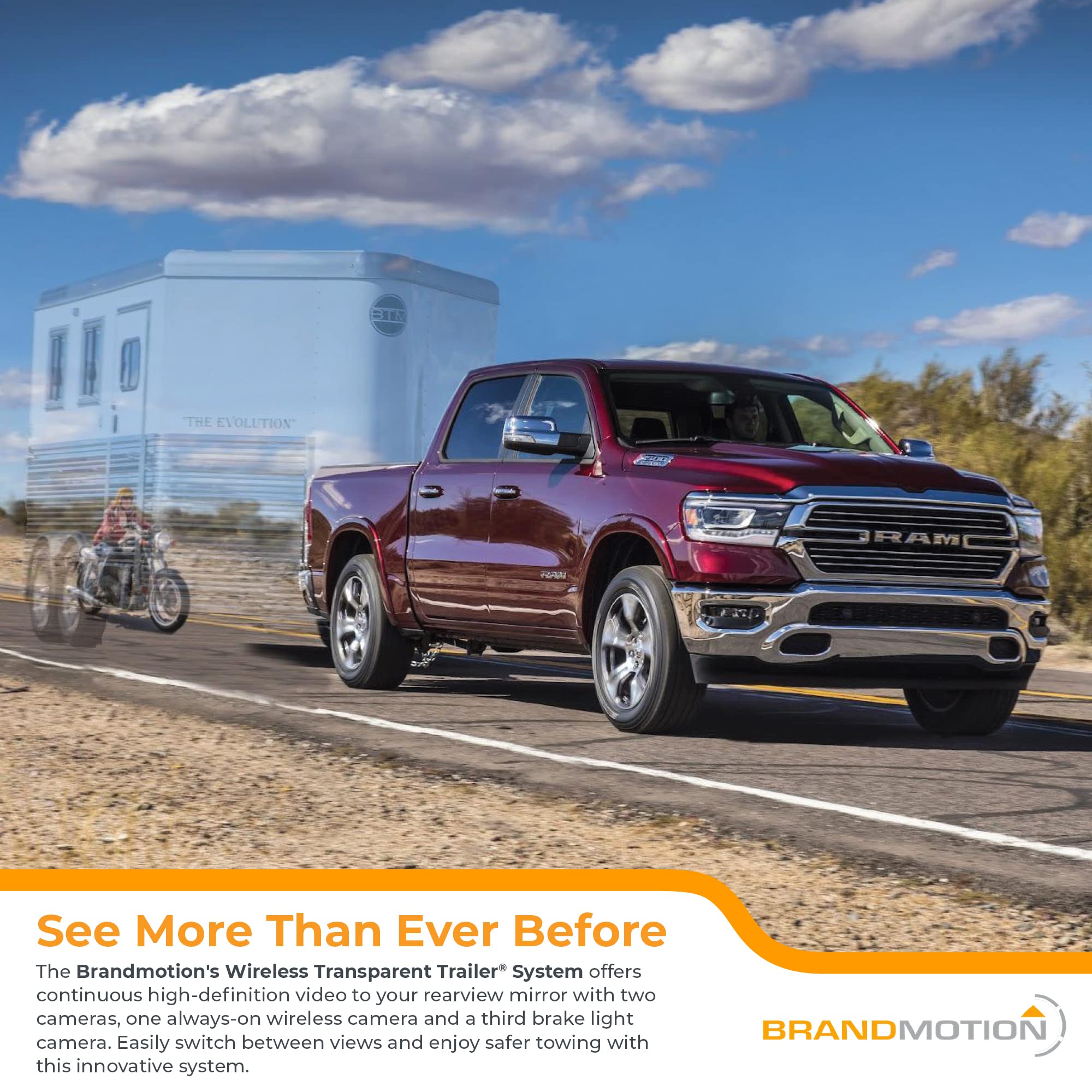 Wireless Transparent Trailer System Brandmotion w/ Dual Rear Cameras and Display Mirror Compatible with RAM 1500 (2009-2018) and Heavy Duty (2010-Current) - Edge to Edge Image Mirror - Easy Install