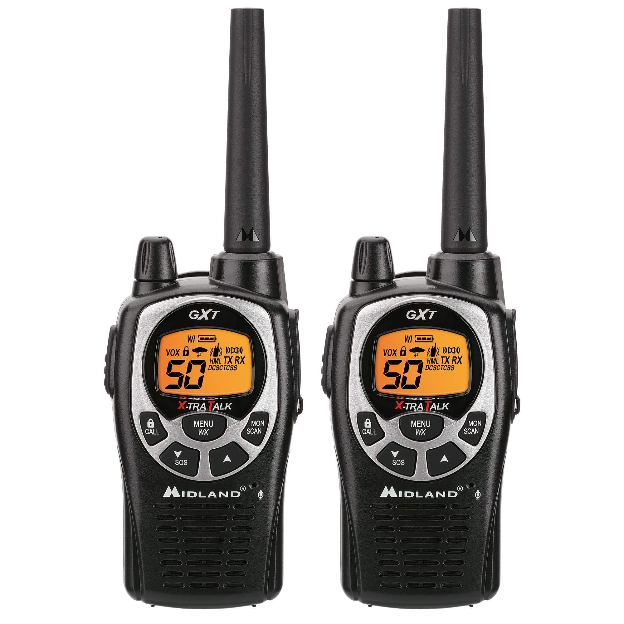 Midland Two-Way Radio 50 Channel GMRS - Long Range Walkie Talkie with 142 Privacy Codes, SOS Siren, and NOAA Weather Alerts and Weather Scan (Black/Silver, Pair Pack)