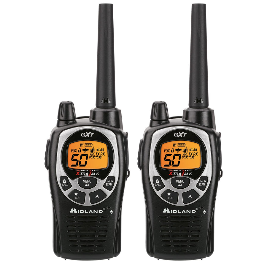 Midland Two-Way Radio 50 Channel GMRS - Long Range Walkie Talkie with 142 Privacy Codes, SOS Siren, and NOAA Weather Alerts and Weather Scan (Black/Silver, Pair Pack)